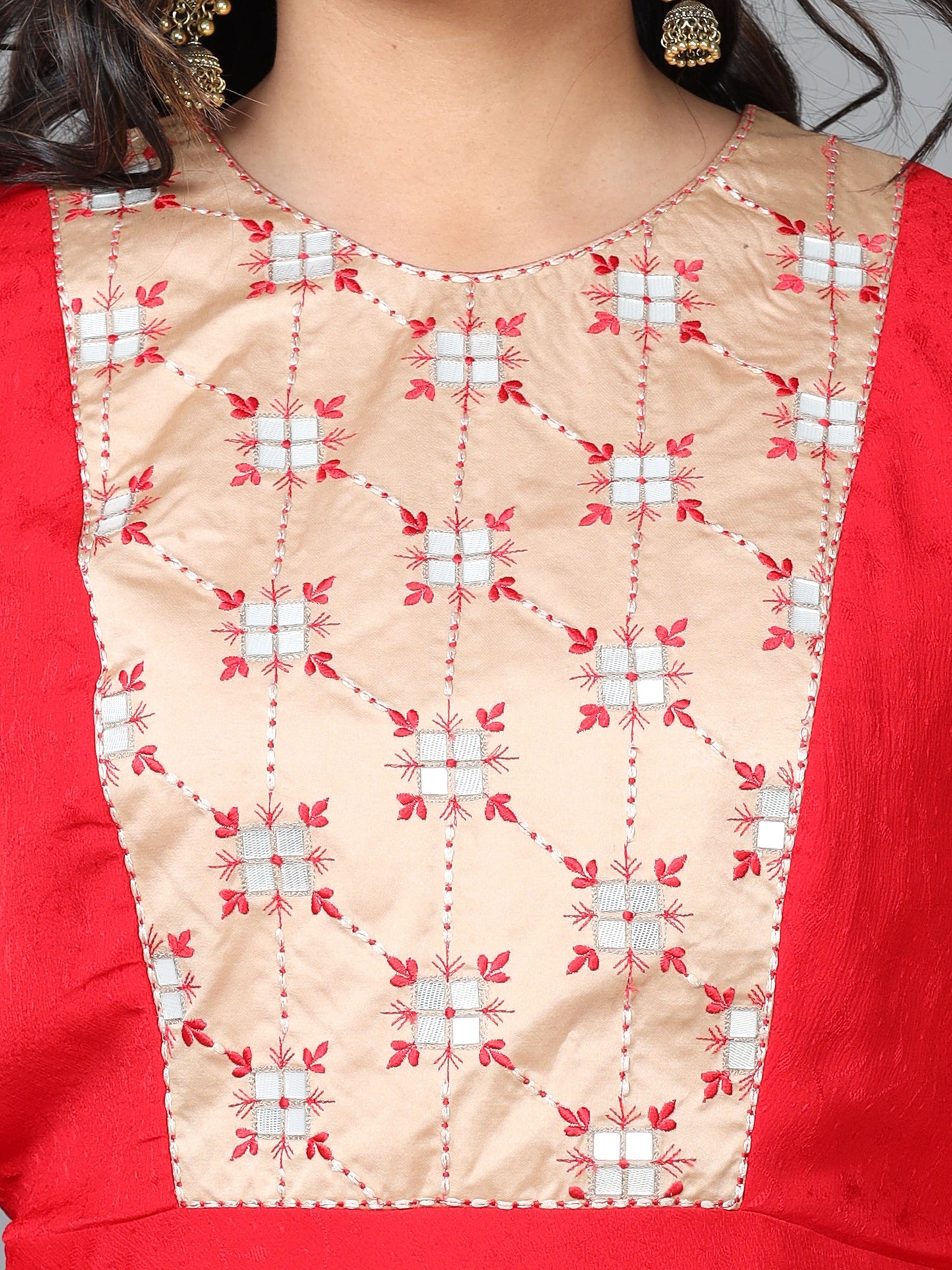 Red Full Sleeve Chiffon Solid A-Line calf-long Kurta Set