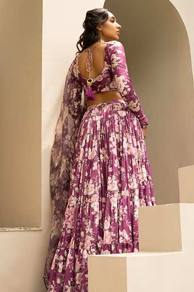Aamna Sharif in Falak Purple Floral print Gathered Lehenga with floral blouse and Dupatta- Set of 3