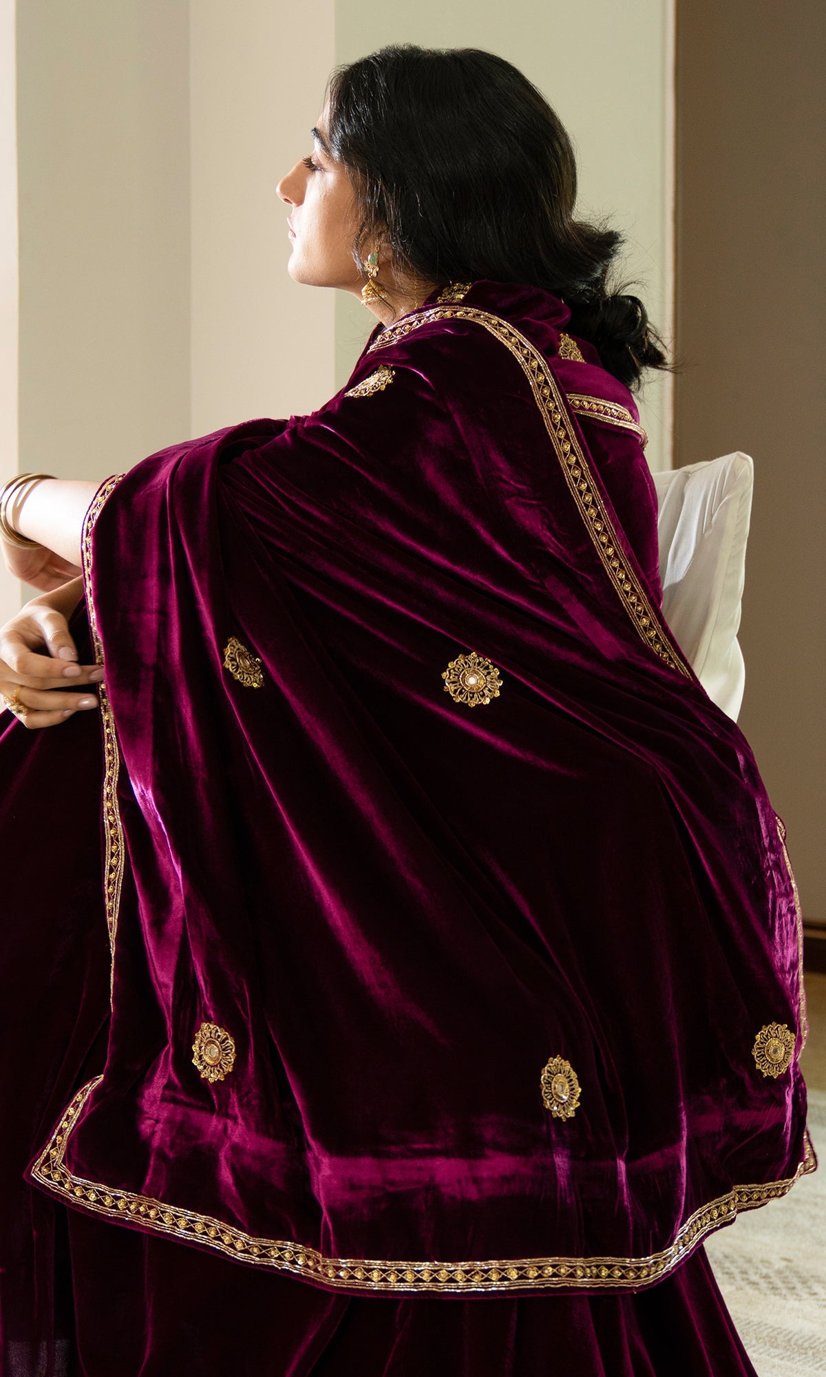 Bareen Embroidered - Deep Orchid velvet Lehenga With Blouse - Set of 2