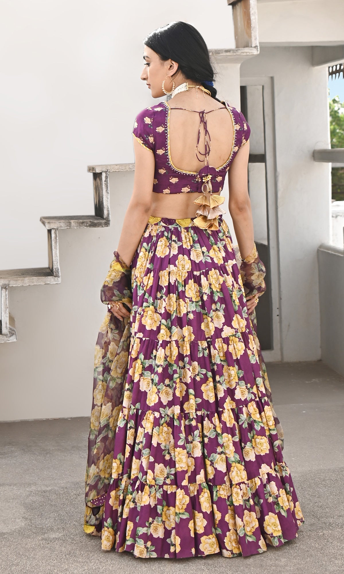 Falak Vol. 2 Purple Short Sleeve Blouse and Tiered Lehenga with Dupatta - Set of 3