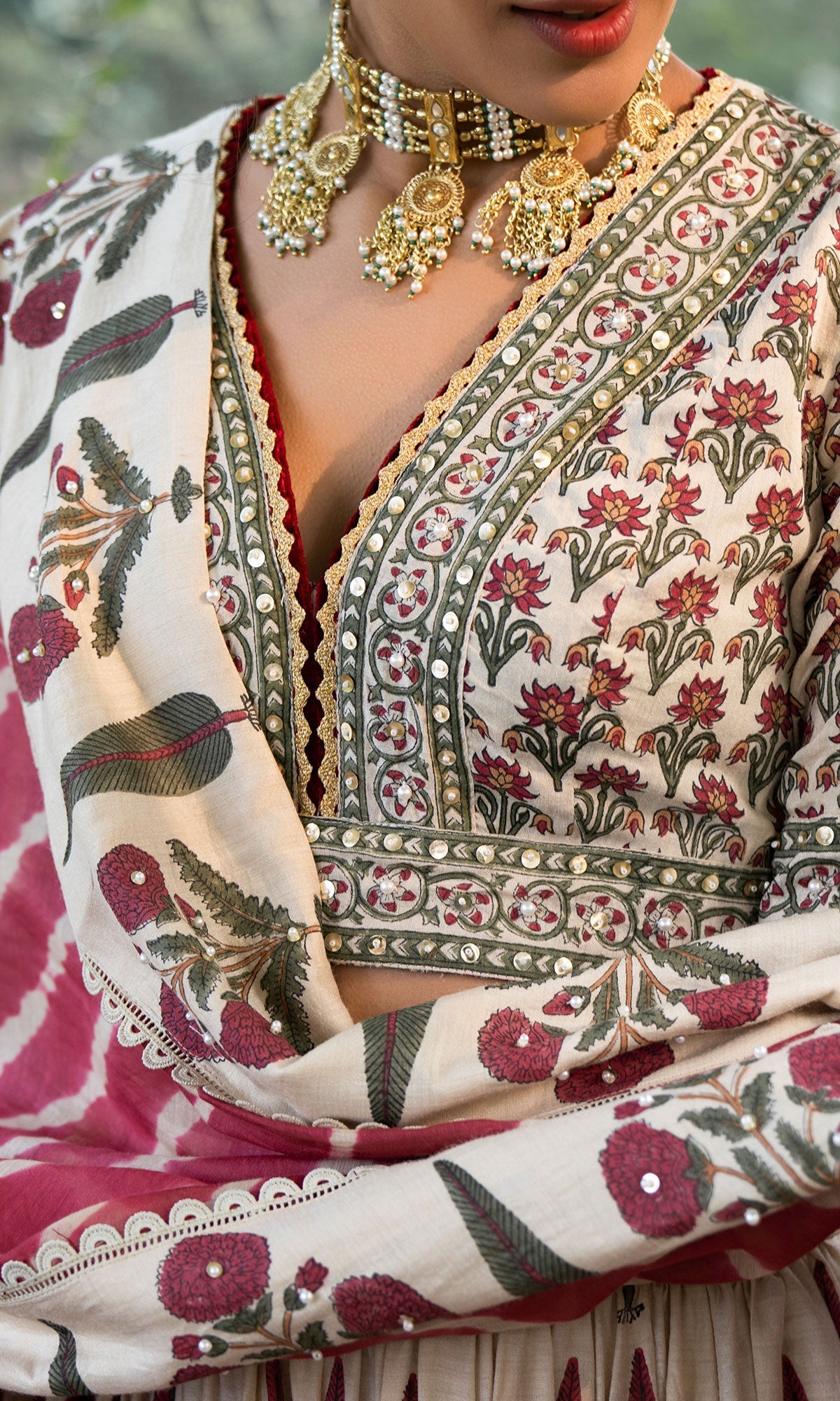 Bareen Mughal Red Block Printed Lehenga Set With Lehariya dupatta - Set Of 3 - Red