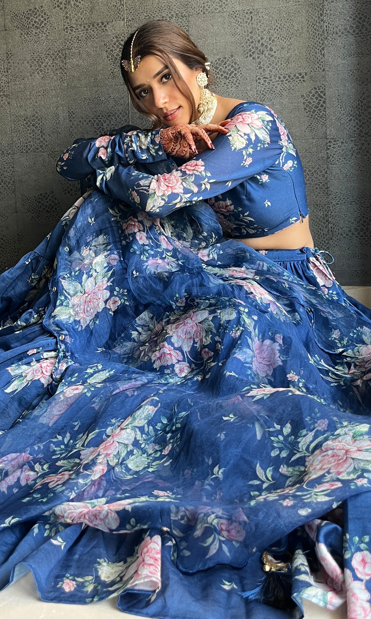 Sukhmani Gambhir in Falak Blue Floral print Gathered Lehenga with floral blouse and Dupatta- Set of 3