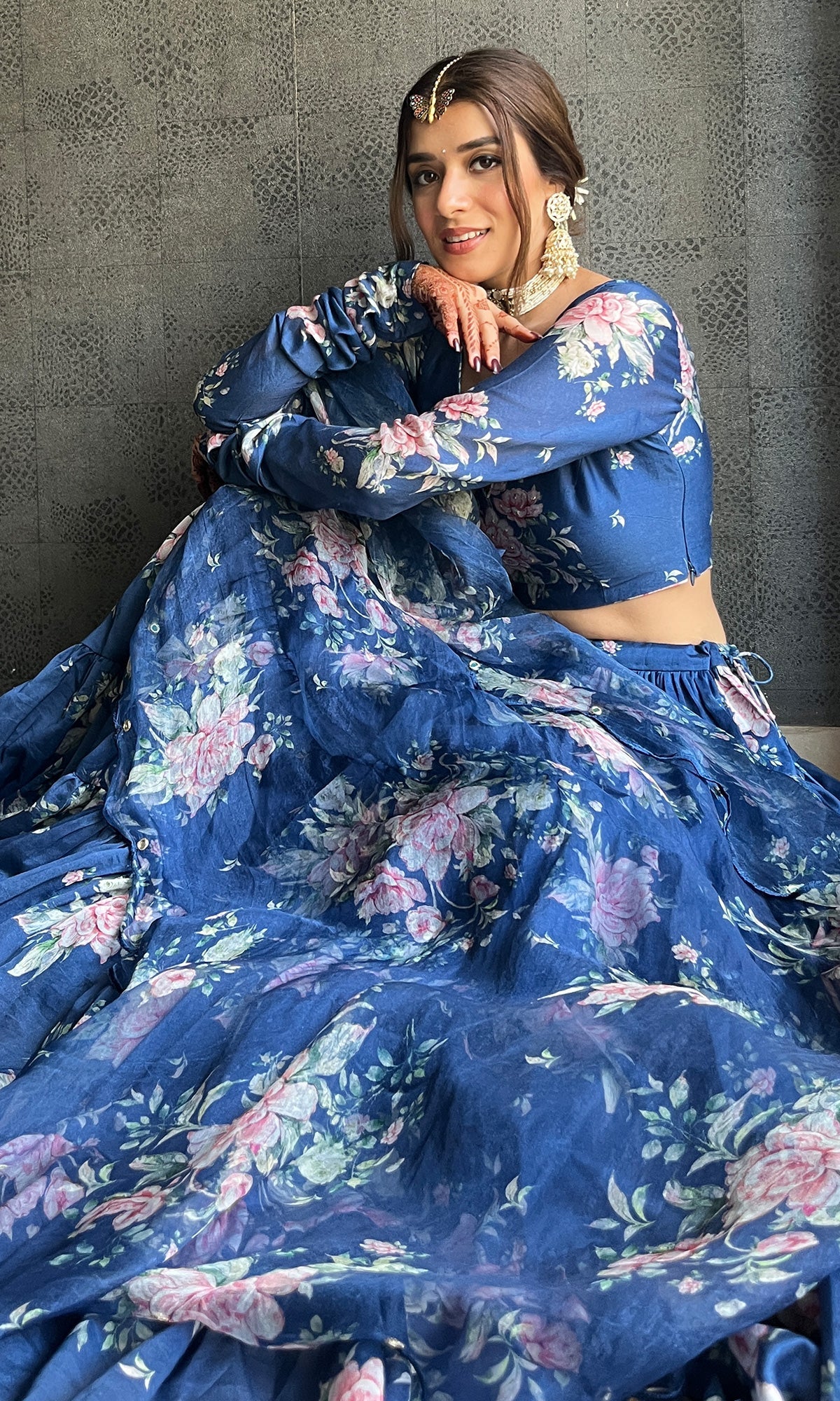 Sukhmani Gambhir in Falak Blue Floral print Gathered Lehenga with floral blouse and Dupatta- Set of 3