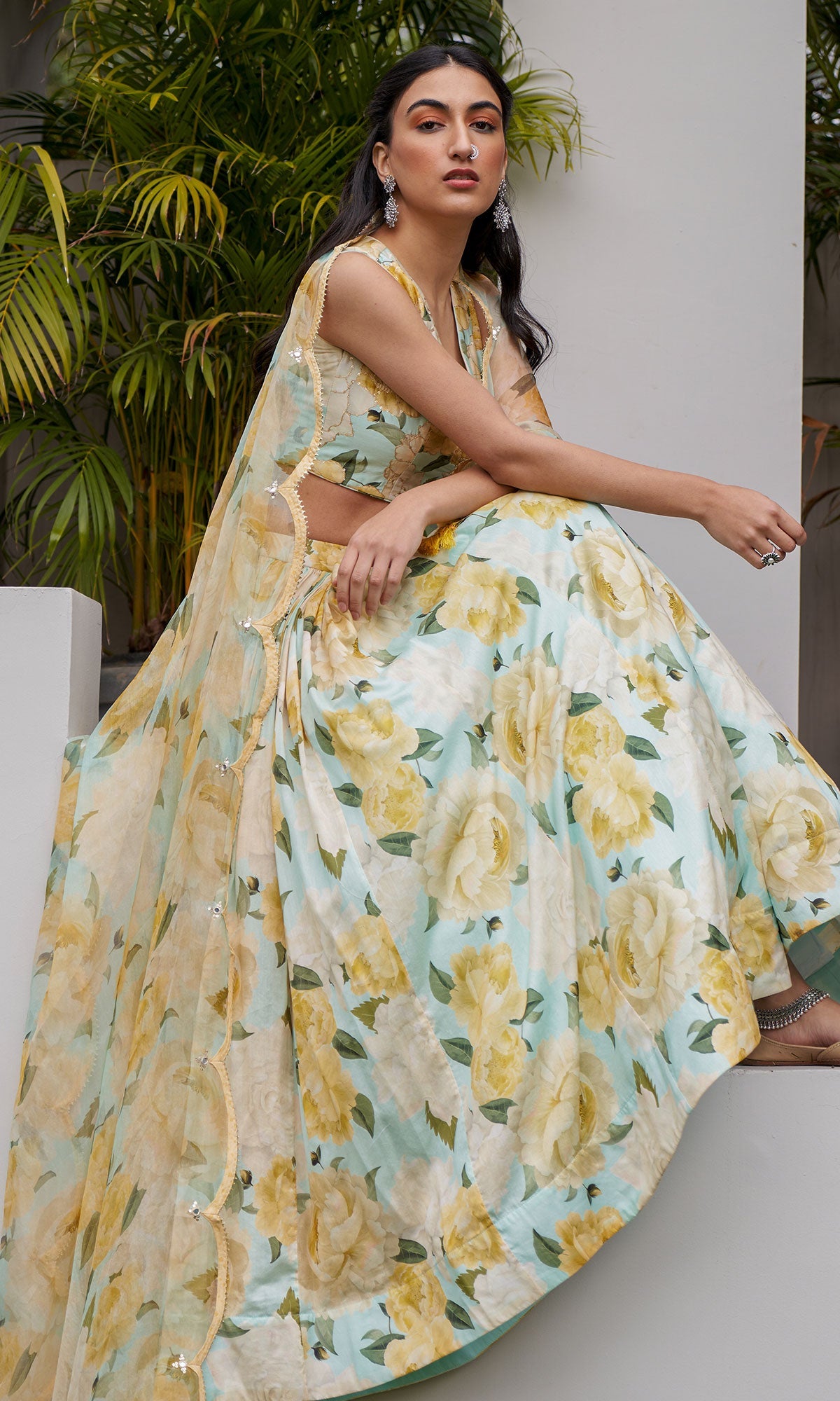 AZRA AQUA FLORAL PRINTED FLORAL LEHENGA WITH FLORAL PRINTED BLOUSE AND DUPATTA - SET OF 3