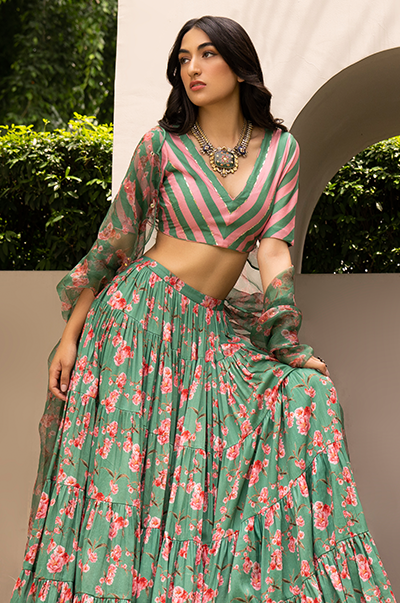 Falak Green Floral print Gathered Lehenga with stripe blouse and Dupatta- Set of 3