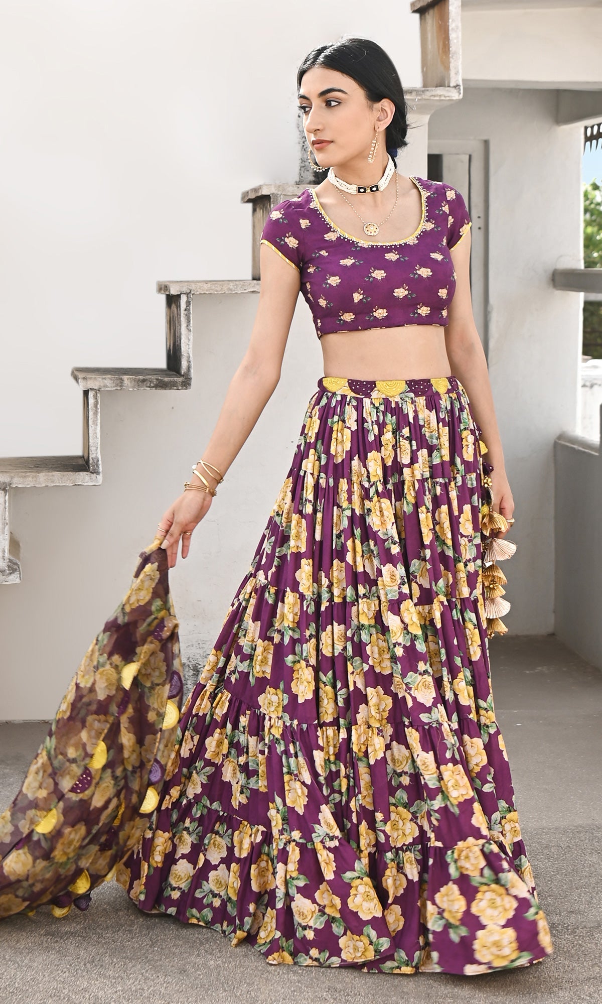 Falak Vol. 2 Purple Short Sleeve Blouse and Tiered Lehenga with Dupatta - Set of 3