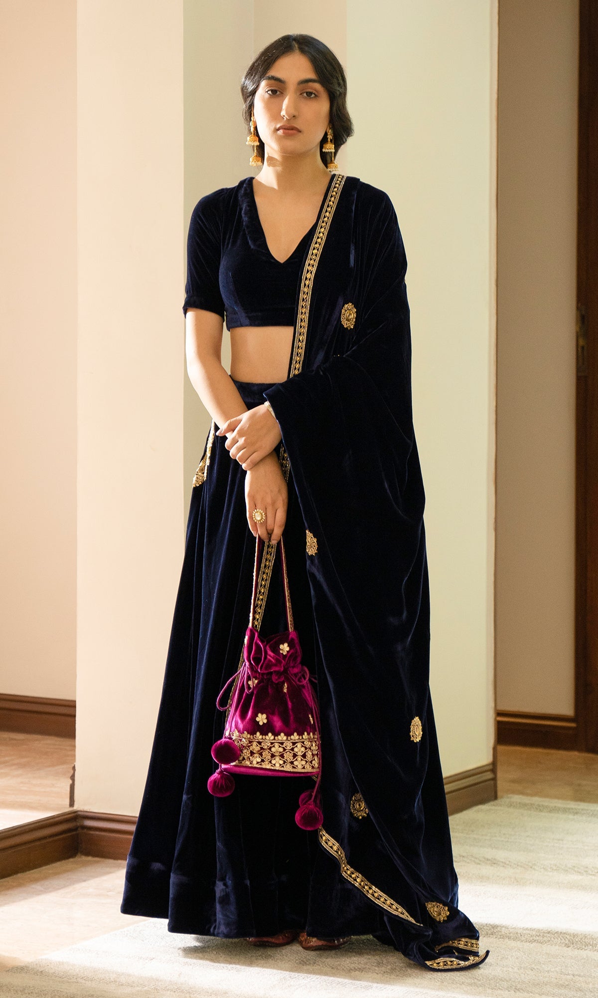 Bareen Embroidered - Royal Blue velvet Lehanga With Blouse - Set of 2
