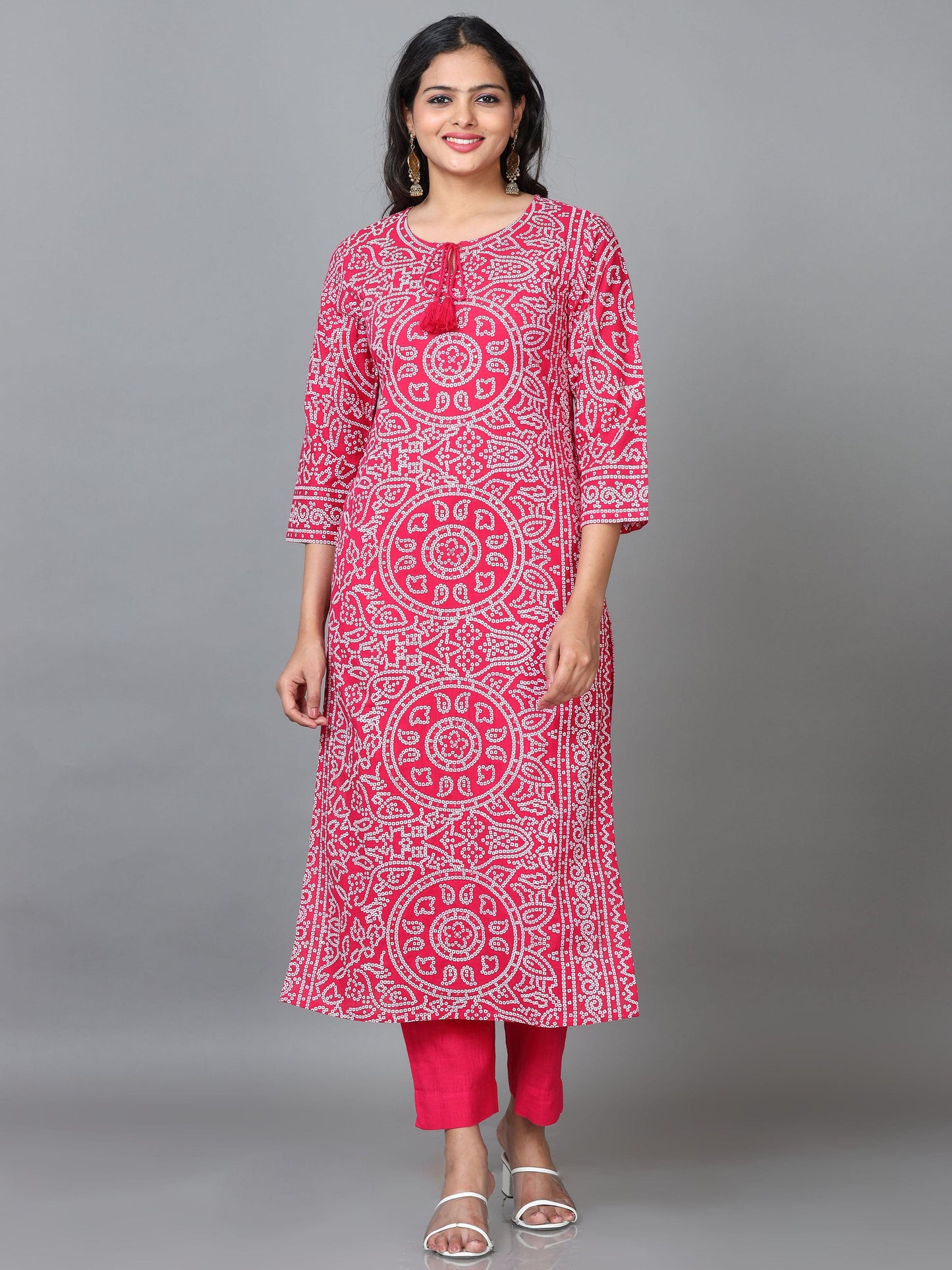 Pink 3/4 Sleeve Cotton Printed Straight calf-long Kurta Set