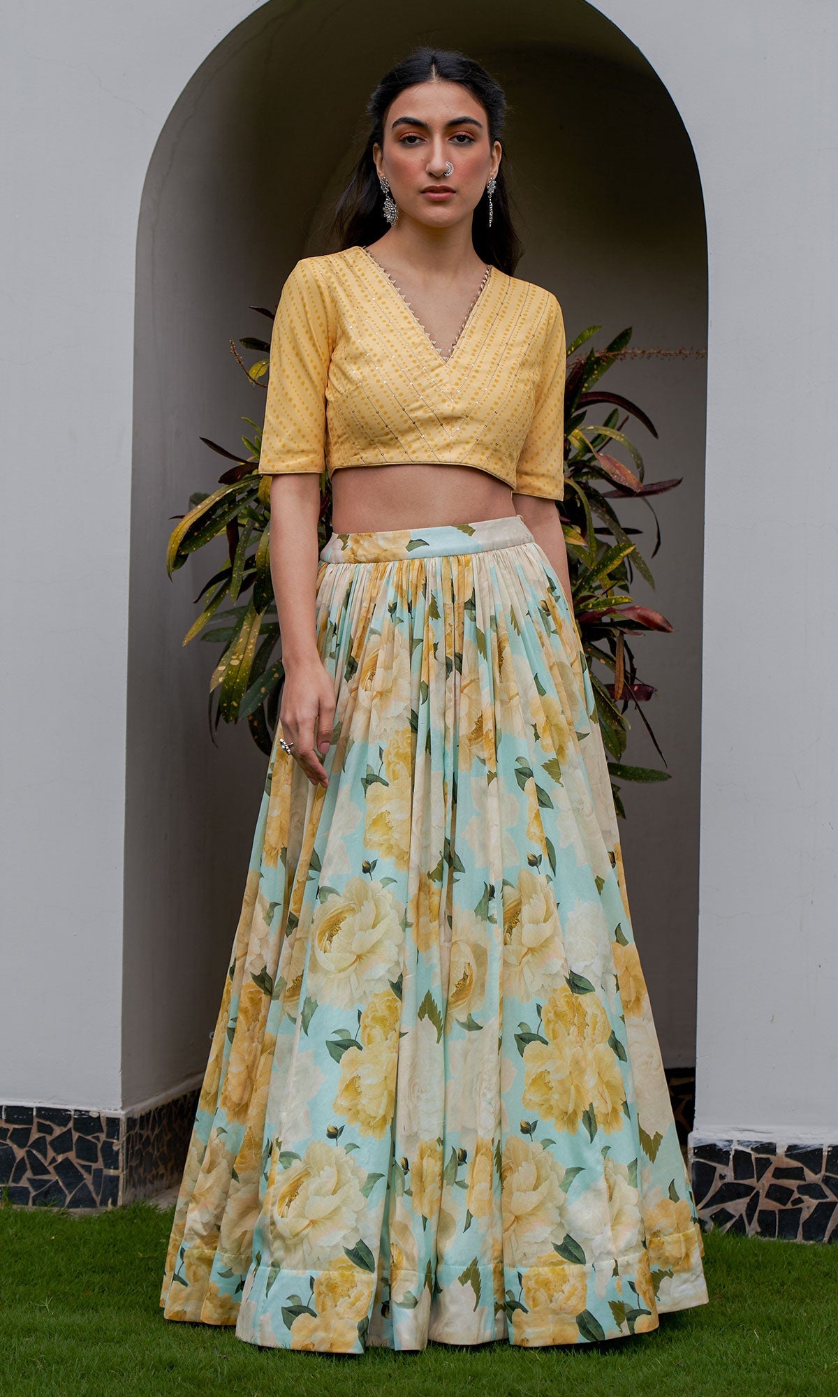AZRA AQUA FLORAL PRINTED LEHENGA SET - SET OF 3