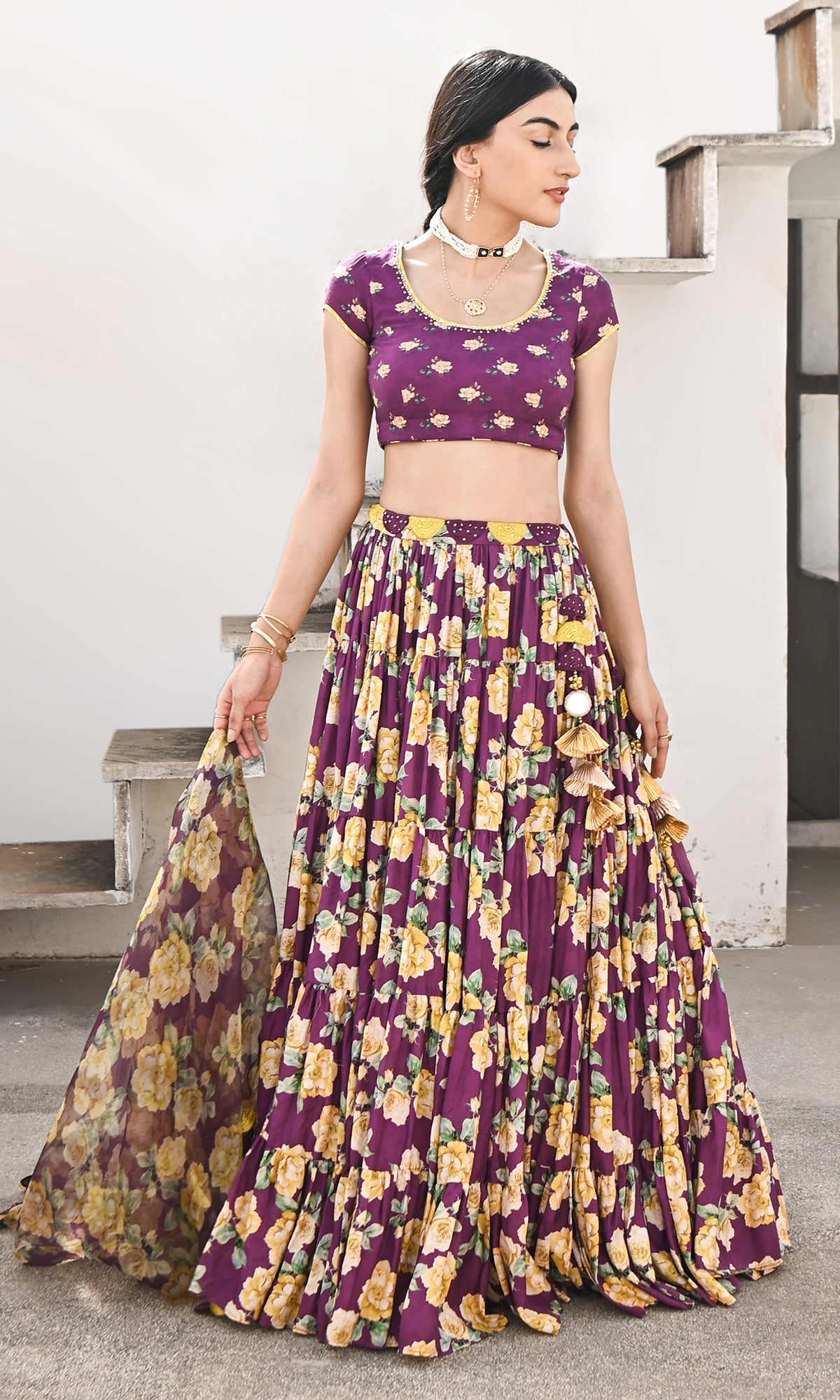 Falak Vol. 2 Purple Short Sleeve Blouse and Tiered Lehenga with Dupatta - Set of 3