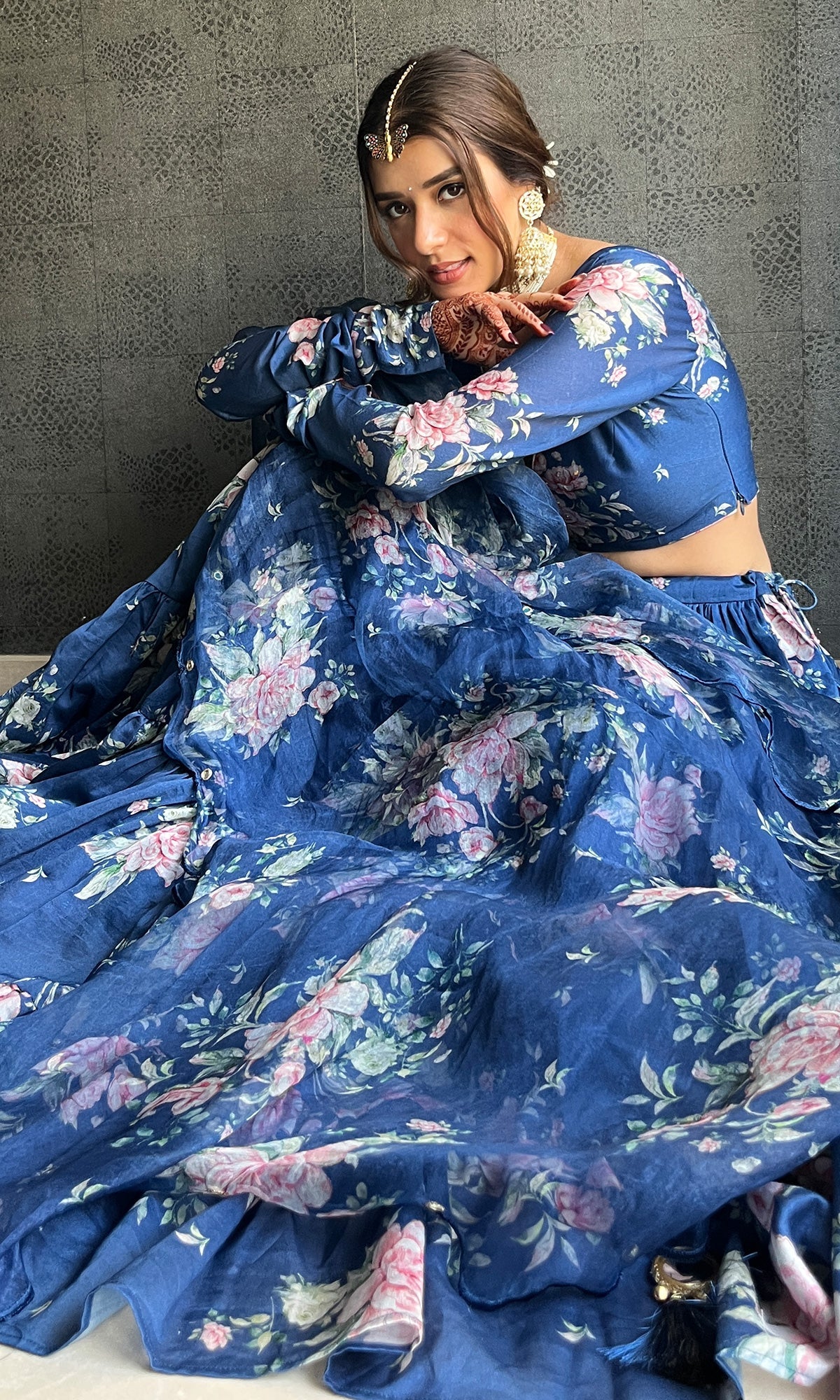 Sukhmani Gambhir in Falak Blue Floral print Gathered Lehenga with floral blouse and Dupatta- Set of 3