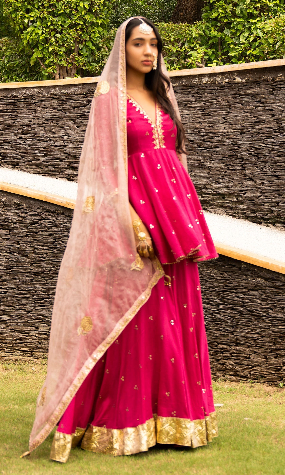 Jamaal Rani Pink Mukaish Chanderi Kurta with mukaish chanderi Lehenga and Organza Dupatta - Set of 3