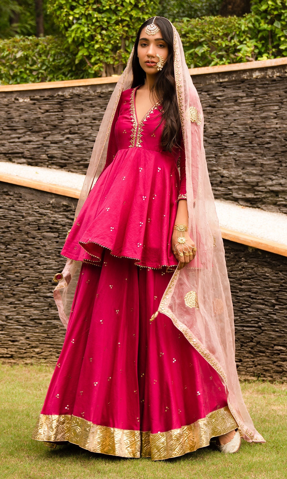 Jamaal Rani Pink Mukaish Chanderi Kurta with mukaish chanderi Lehenga and Organza Dupatta - Set of 3