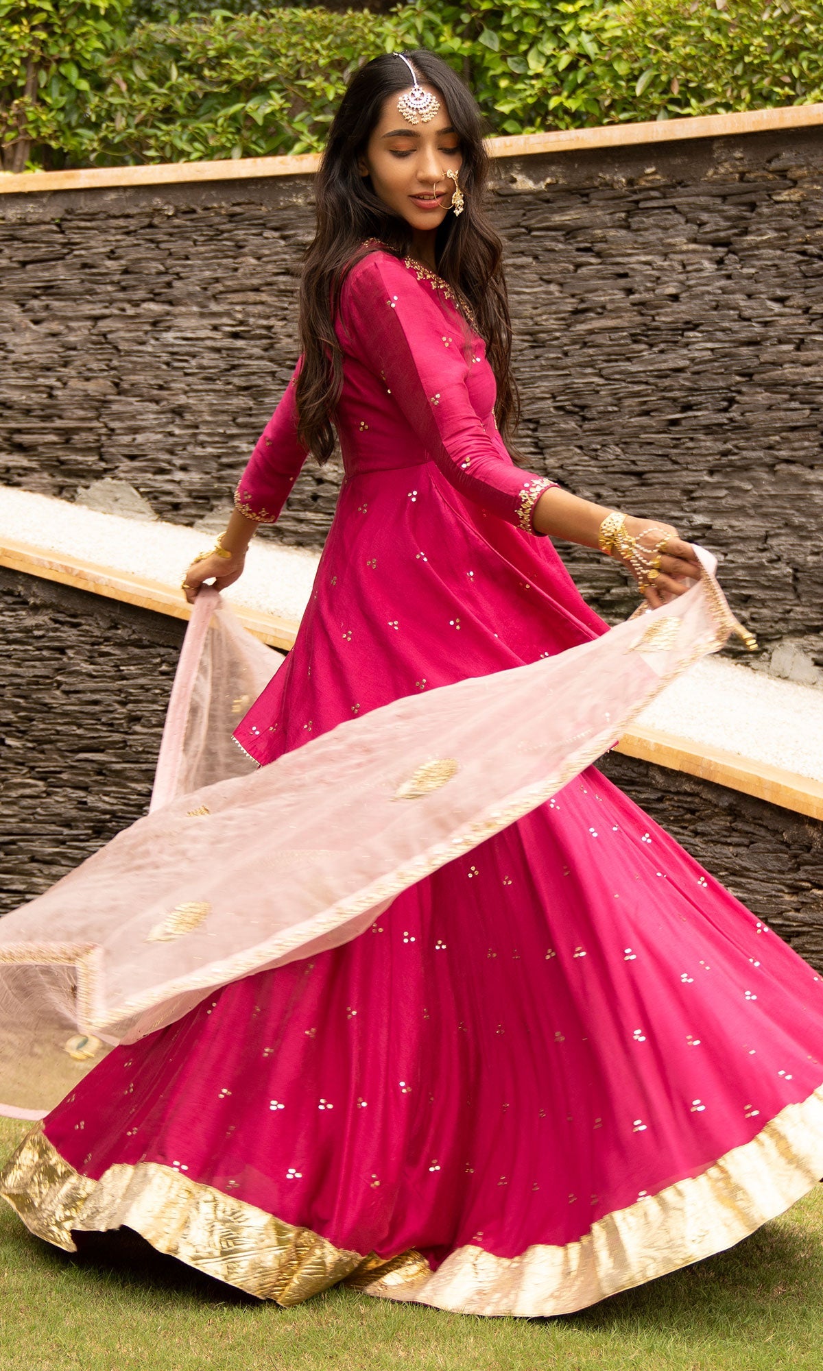 Jamaal Rani Pink Mukaish Chanderi Kurta with mukaish chanderi Lehenga and Organza Dupatta - Set of 3