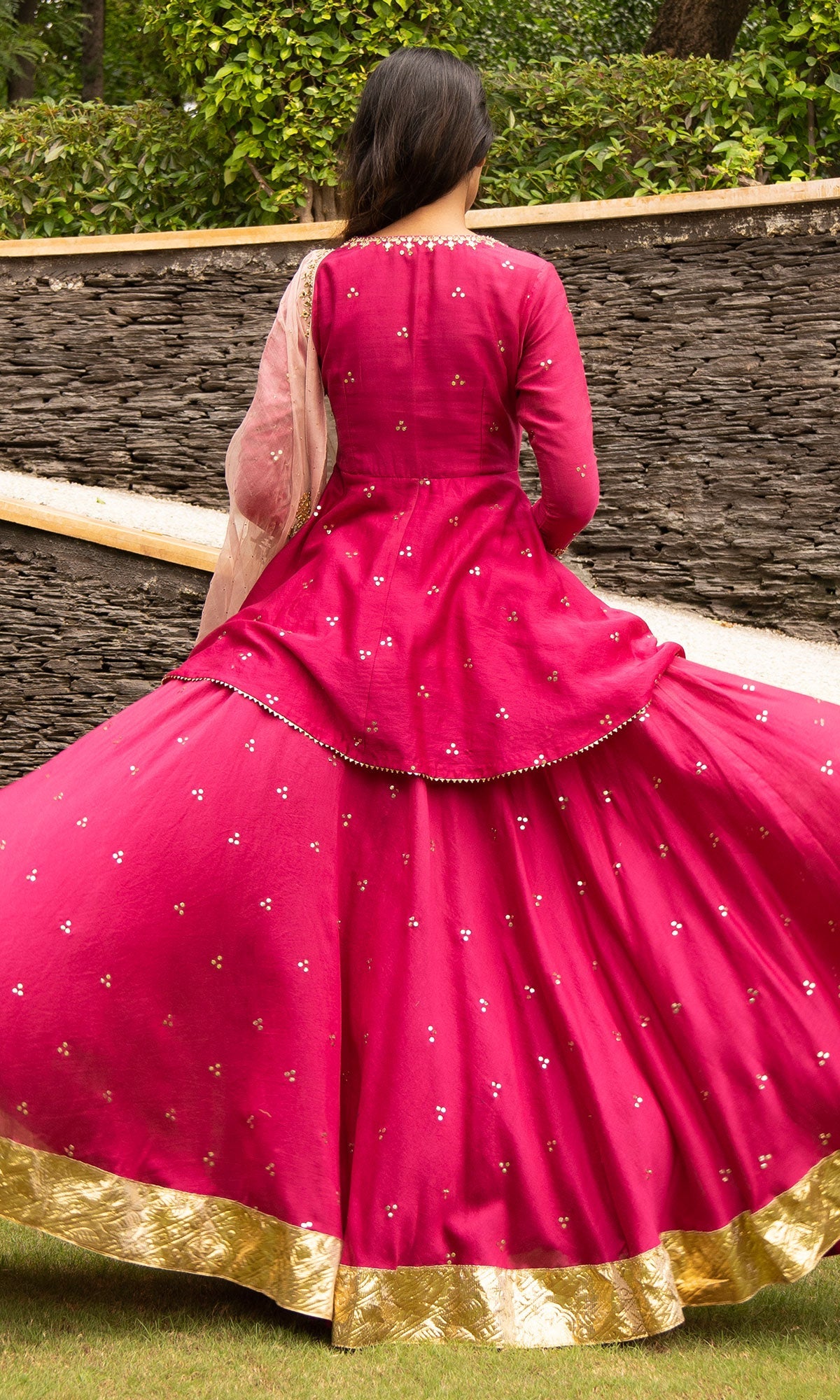 Jamaal Rani Pink Mukaish Chanderi Kurta with mukaish chanderi Lehenga and Organza Dupatta - Set of 3