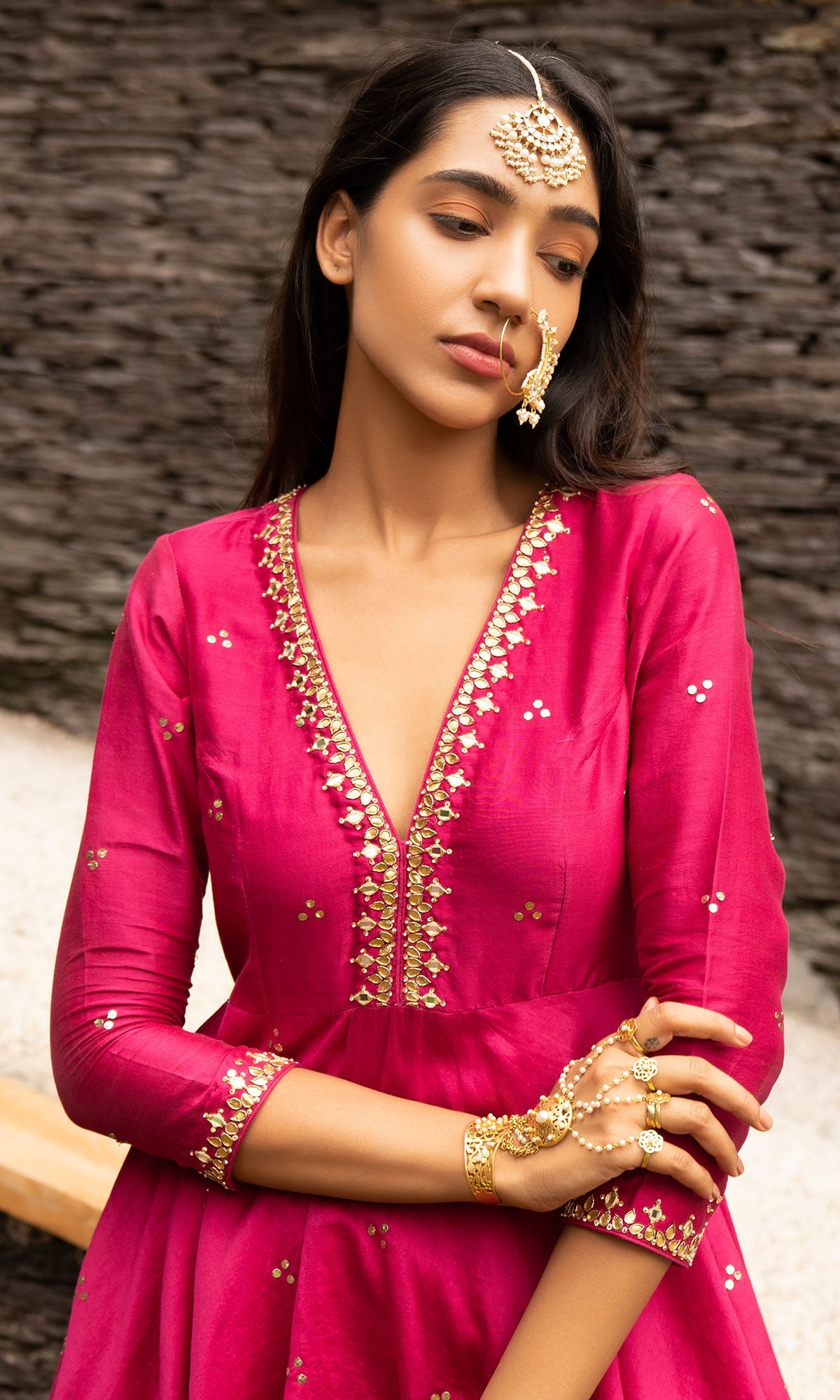 Jamaal Rani Pink Mukaish Chanderi Kurta with mukaish chanderi Lehenga and Organza Dupatta - Set of 3