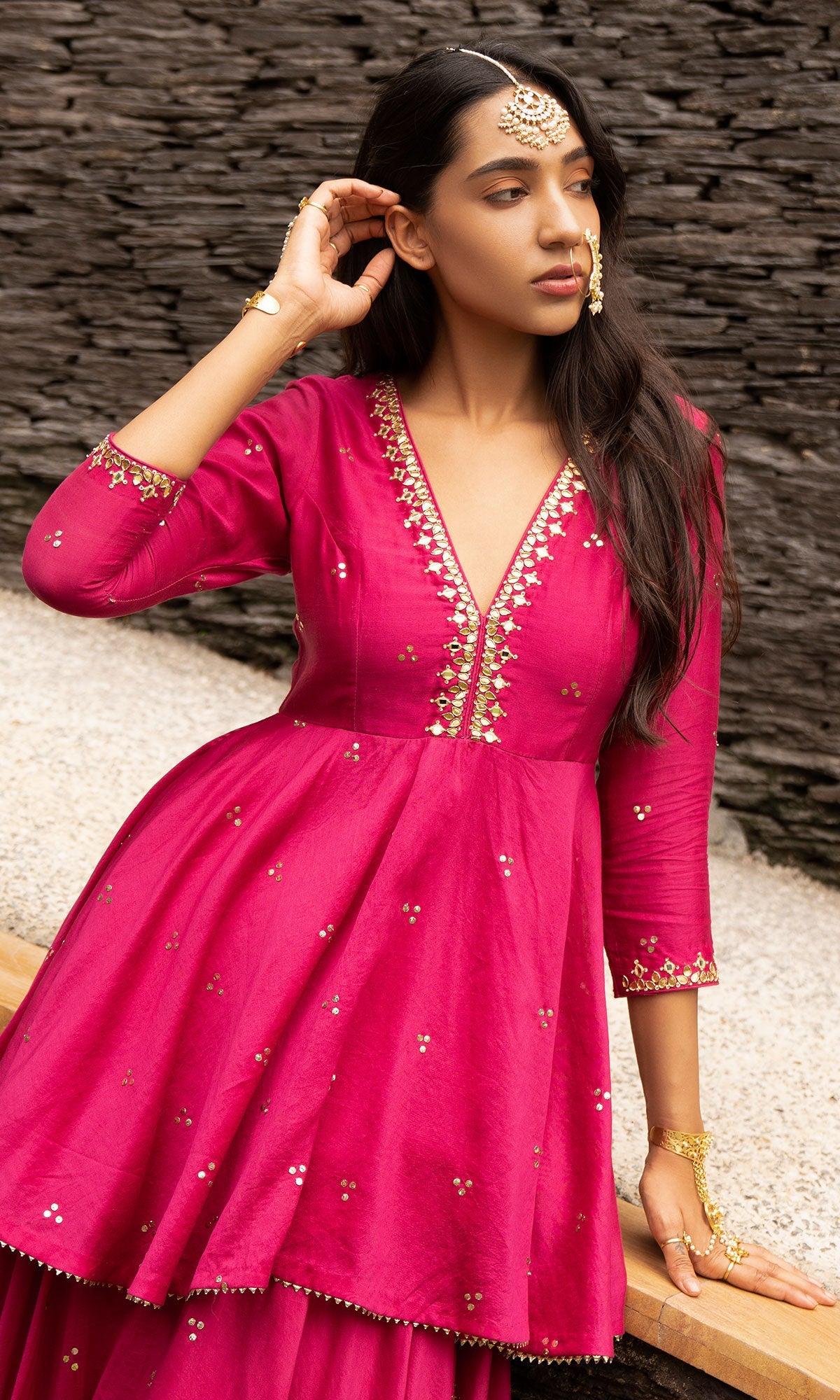 Jamaal Rani Pink Mukaish Chanderi Kurta with mukaish chanderi Lehenga and Organza Dupatta - Set of 3