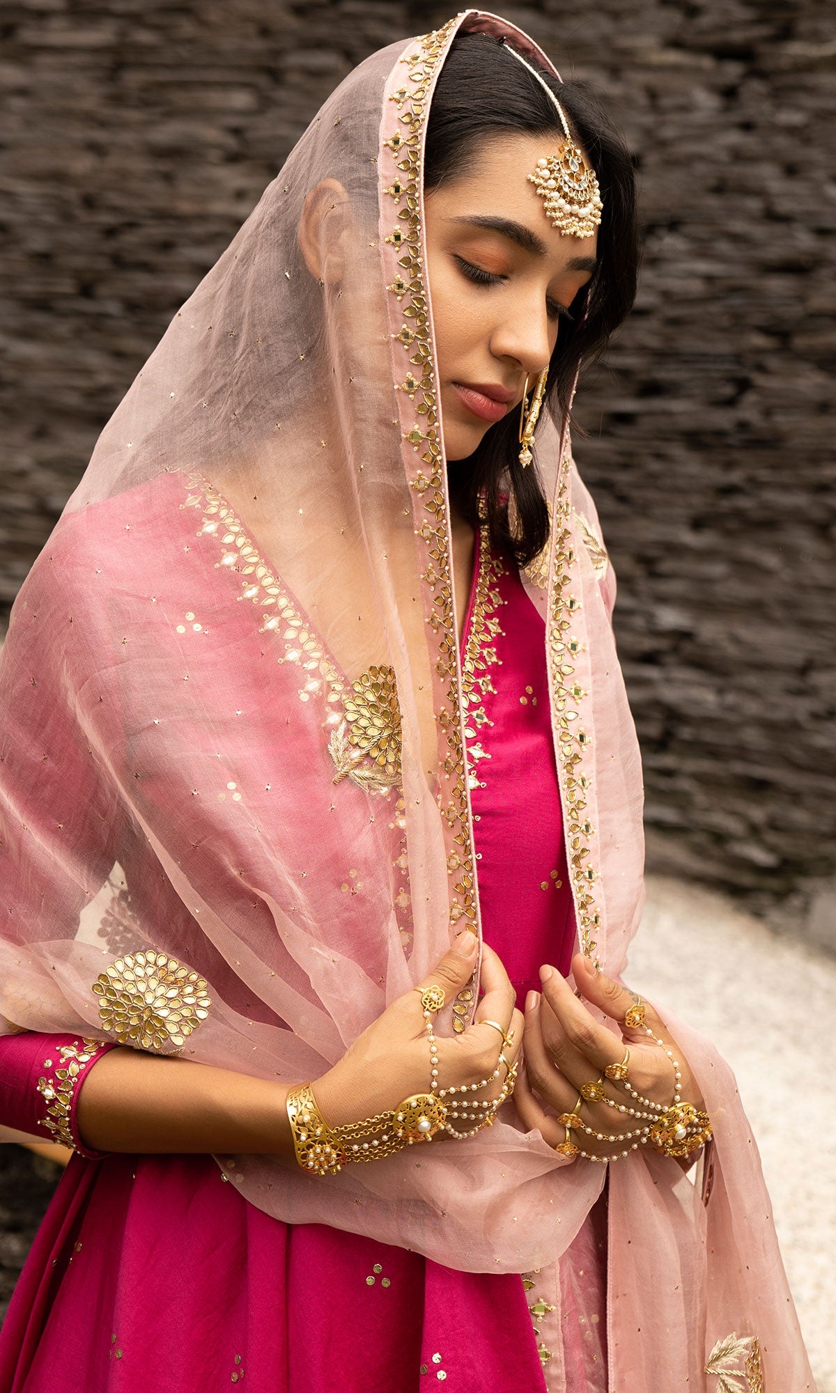 Jamaal Rani Pink Mukaish Chanderi Kurta with mukaish chanderi Lehenga and Organza Dupatta - Set of 3
