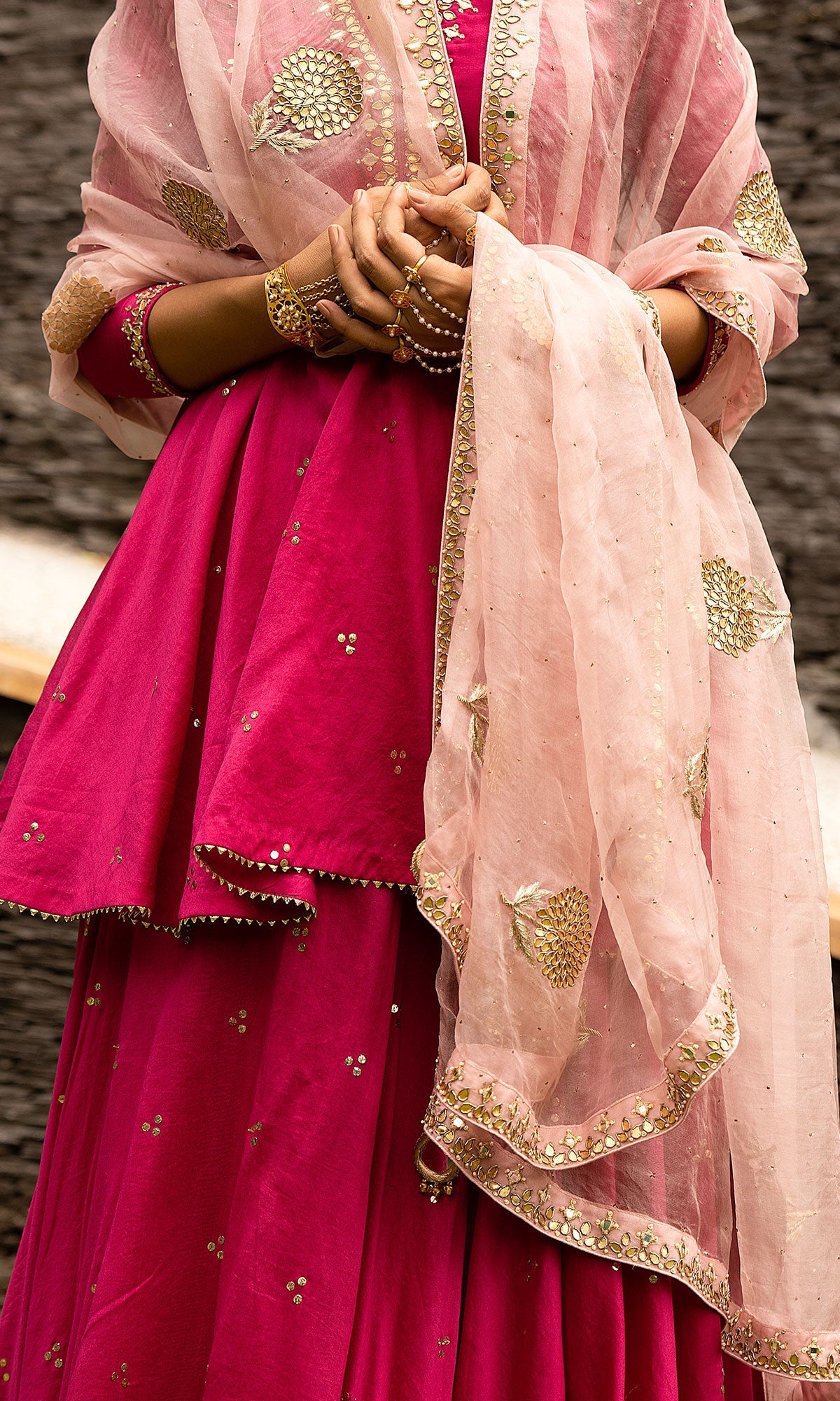 Jamaal Rani Pink Mukaish Chanderi Kurta with mukaish chanderi Lehenga and Organza Dupatta - Set of 3