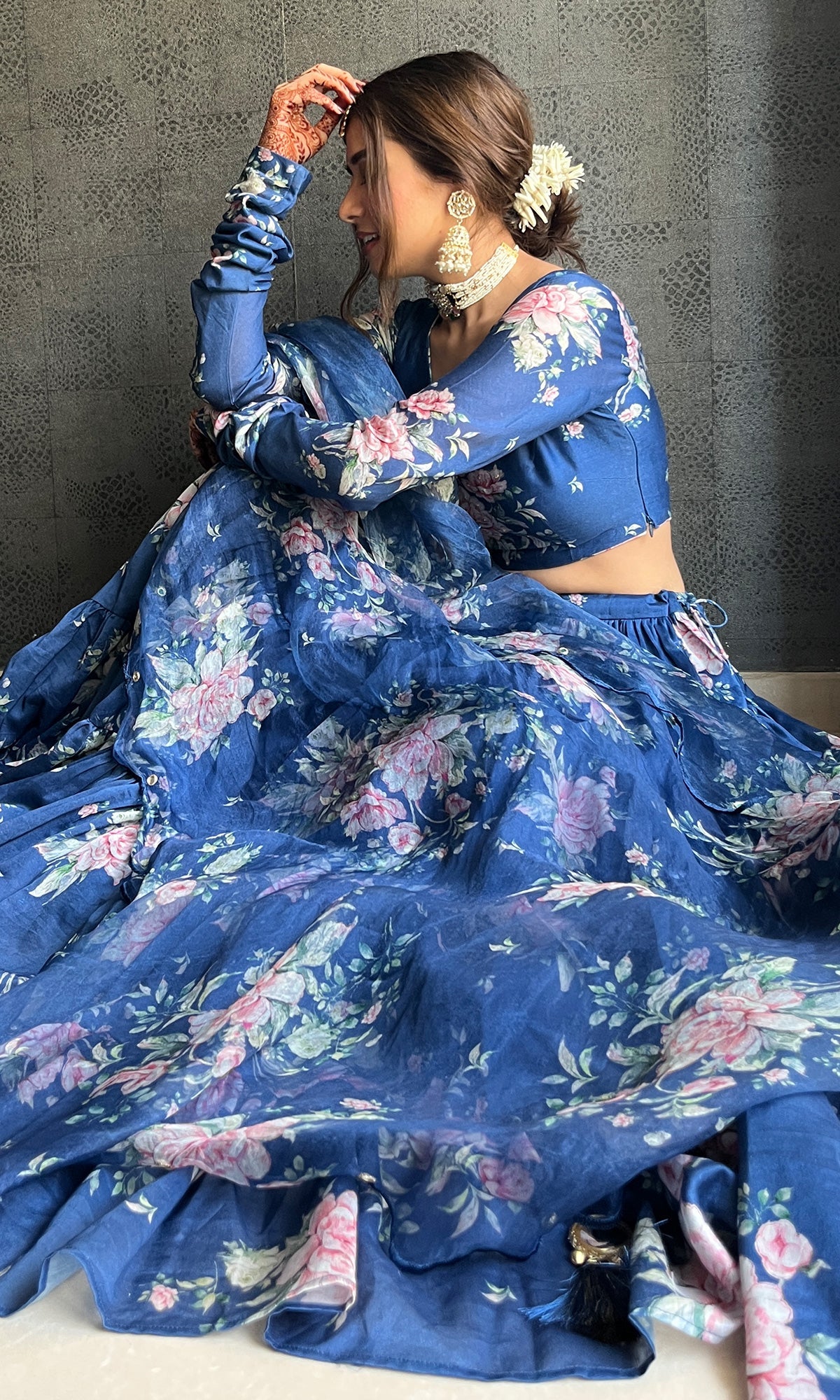 Sukhmani Gambhir in Falak Blue Floral print Gathered Lehenga with floral blouse and Dupatta- Set of 3