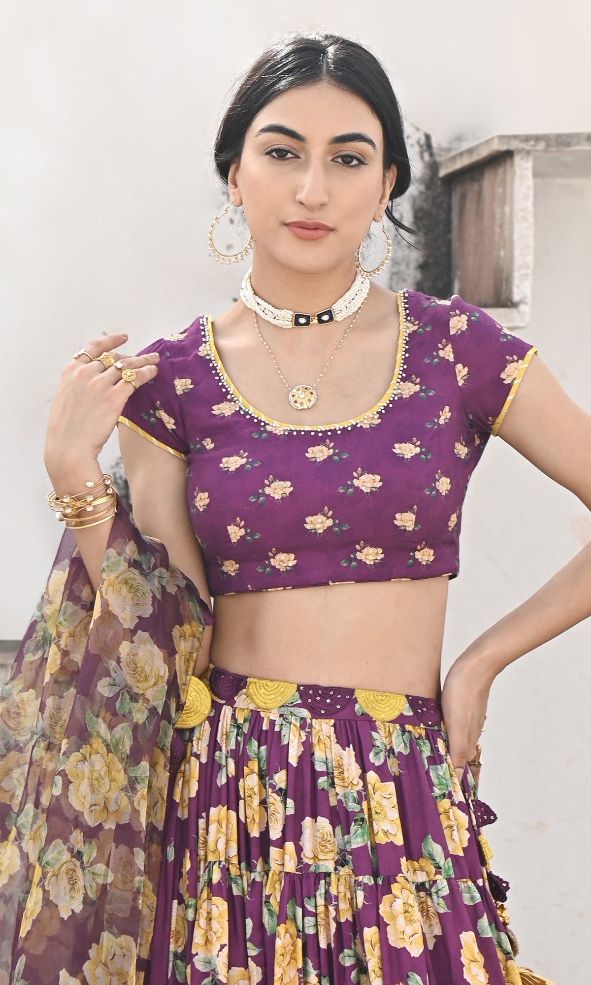Falak Vol. 2 Purple Short Sleeve Blouse and Tiered Lehenga with Dupatta - Set of 3