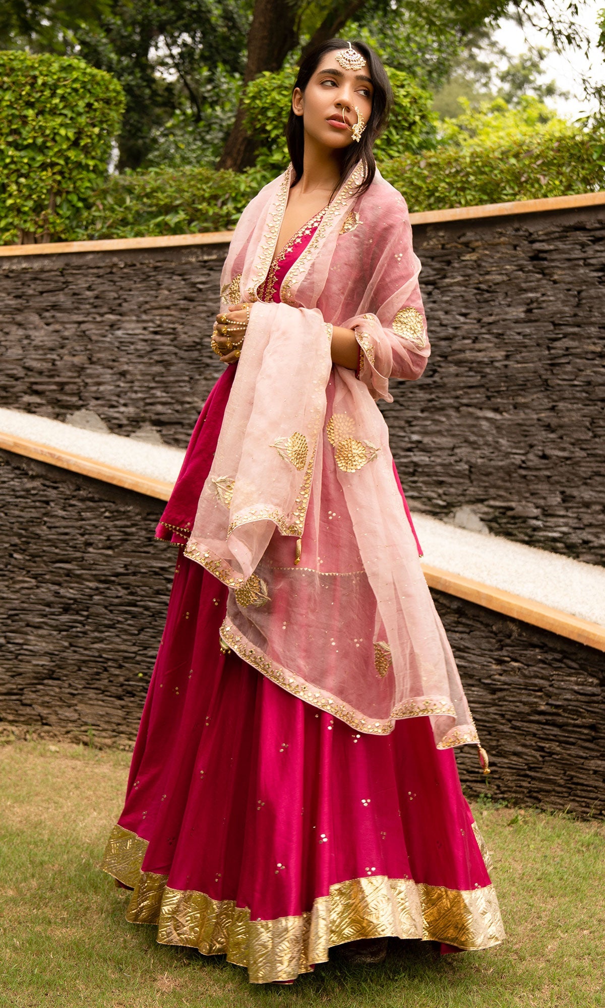 Jamaal Rani Pink Mukaish Chanderi Kurta with mukaish chanderi Lehenga and Organza Dupatta - Set of 3