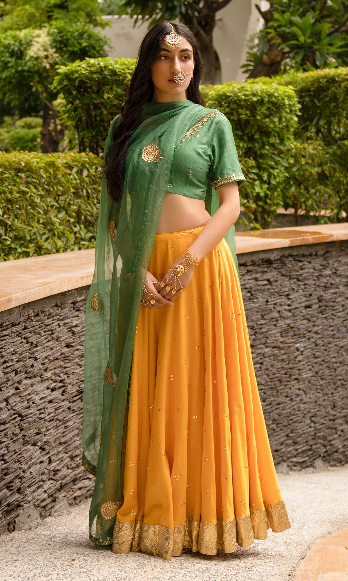 Jamaal Green Mukaish Chanderi Blouse with Mustard mukaish chanderi Lehenga and Green Organza Dupatta - Set of 3