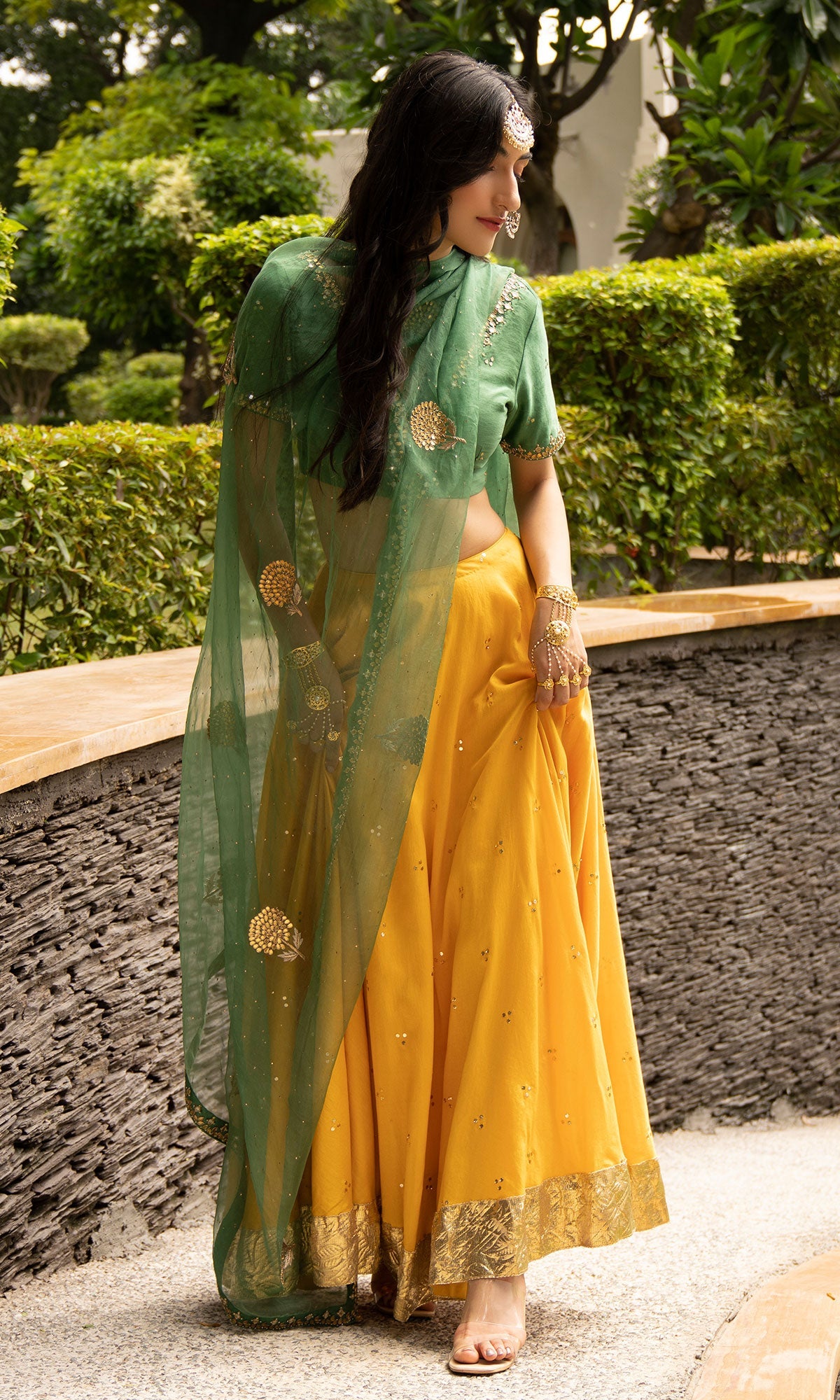 Jamaal Green Mukaish Chanderi Blouse with Mustard mukaish chanderi Lehenga and Green Organza Dupatta - Set of 3