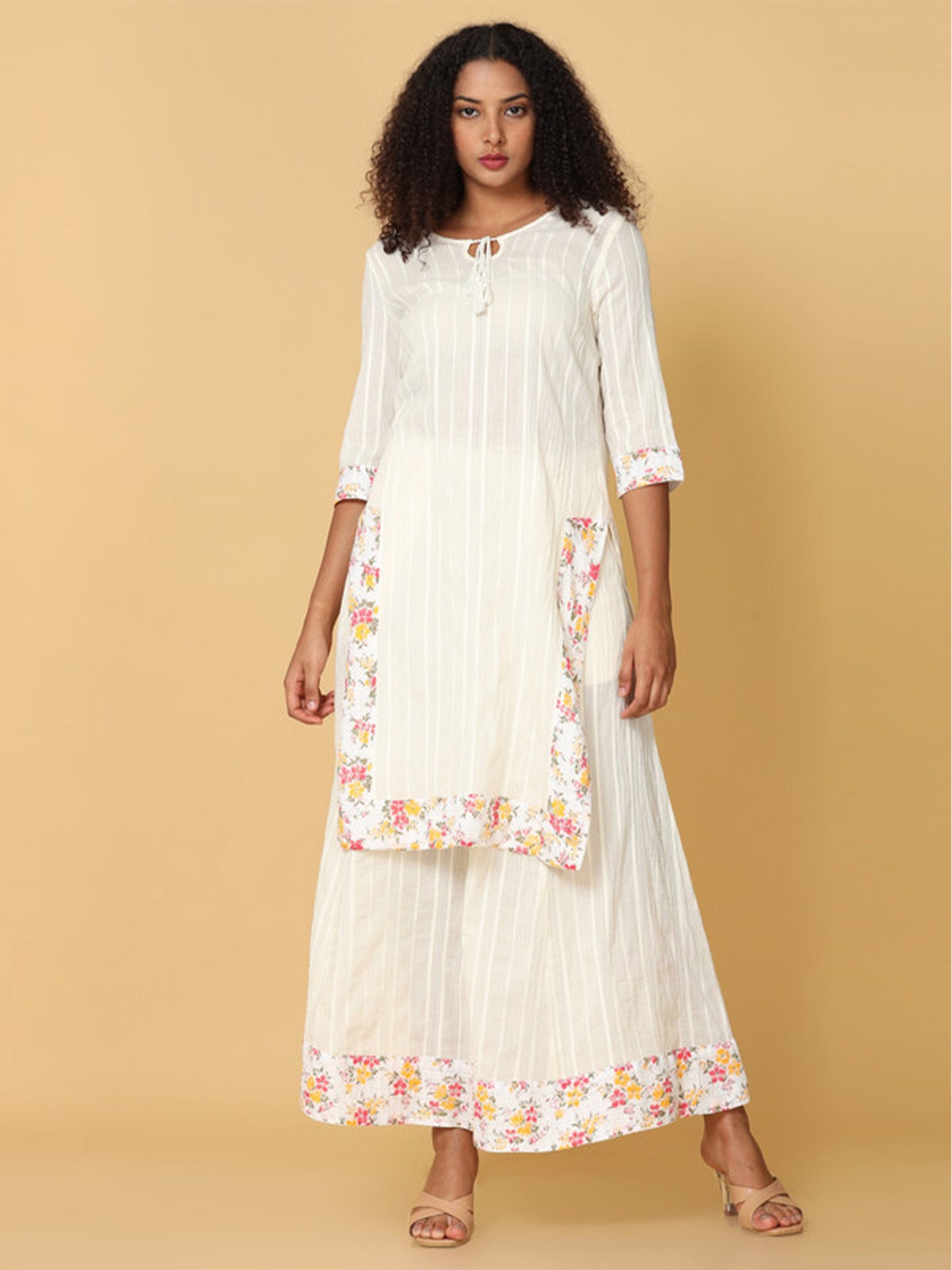 Hassu's Women Off White 3/4th Sleeves Cotton Floral Regular Knee Length Key Hole Neckline Kurta Set -Without Dupatta