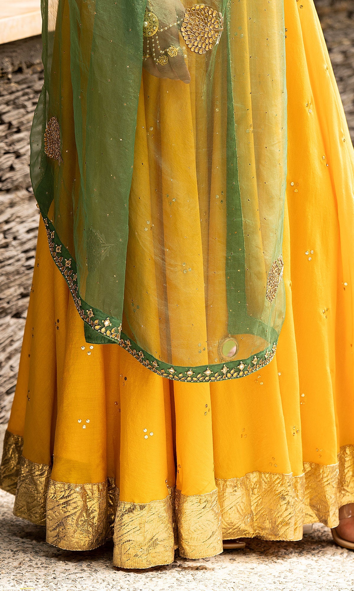 Jamaal Green Mukaish Chanderi Blouse with Mustard mukaish chanderi Lehenga and Green Organza Dupatta - Set of 3