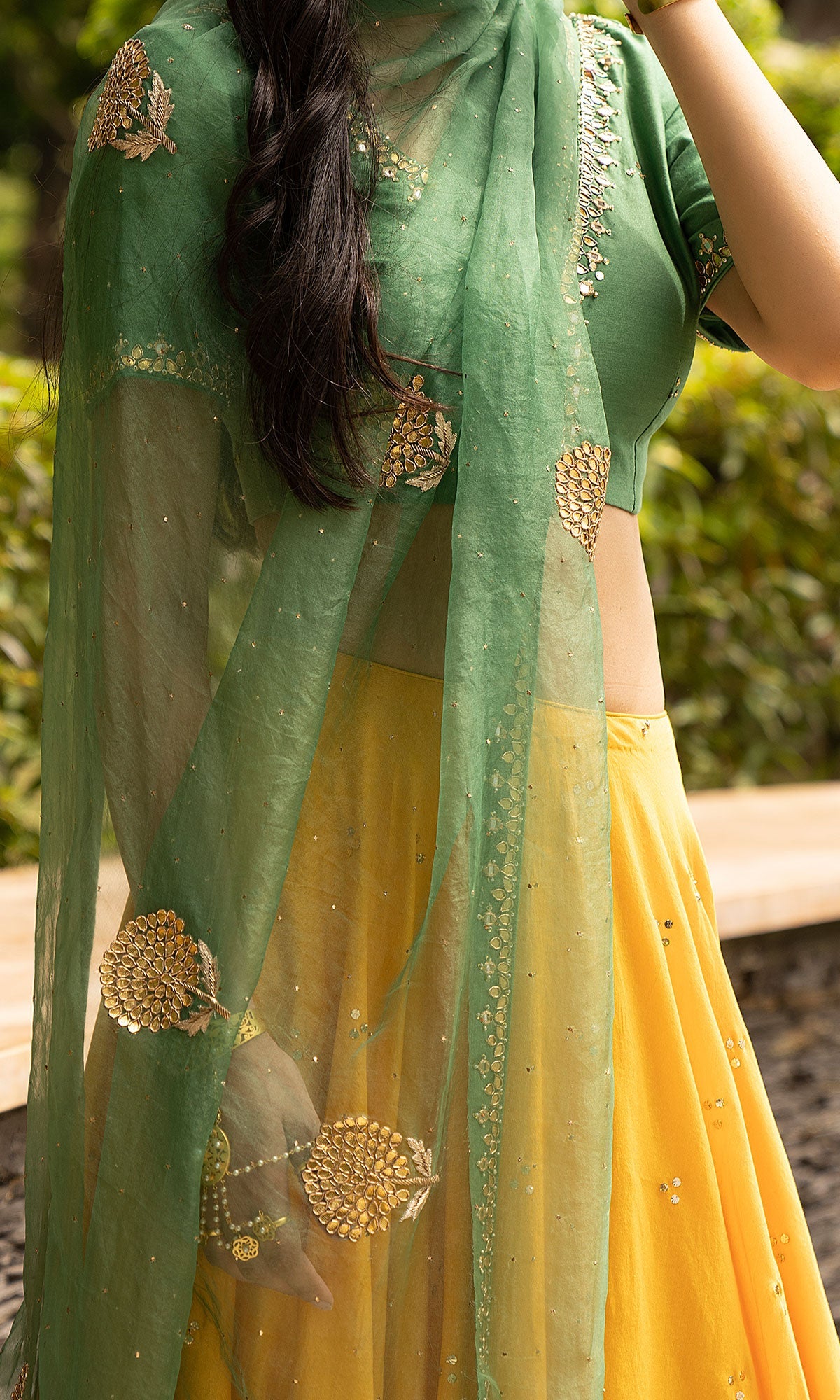 Jamaal Green Mukaish Chanderi Blouse with Mustard mukaish chanderi Lehenga and Green Organza Dupatta - Set of 3