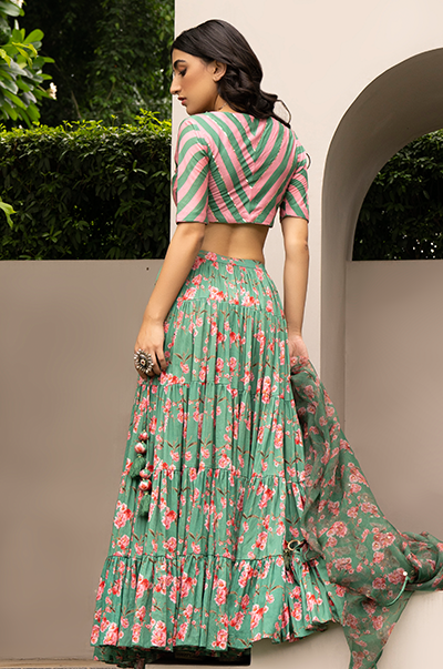 Falak Green Floral print Gathered Lehenga with stripe blouse and Dupatta- Set of 3