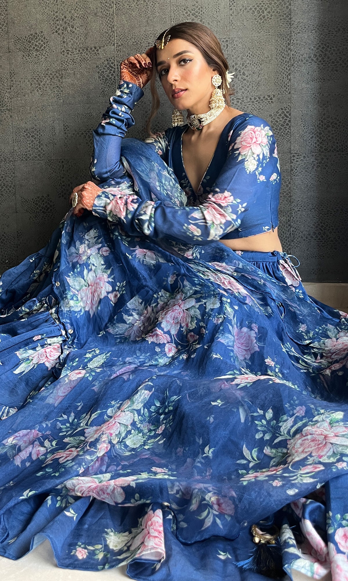 Sukhmani Gambhir in Falak Blue Floral print Gathered Lehenga with floral blouse and Dupatta- Set of 3