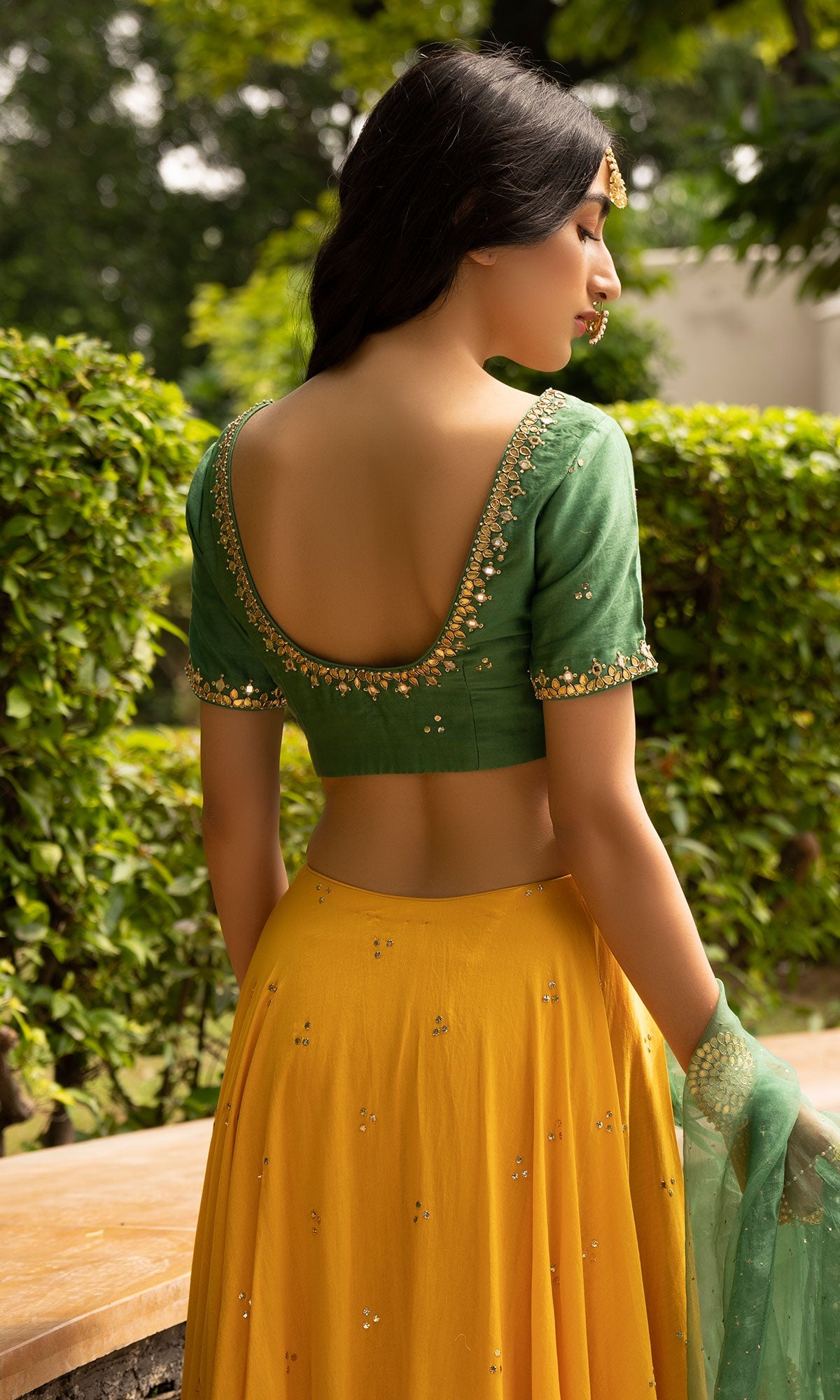 Jamaal Green Mukaish Chanderi Blouse with Mustard mukaish chanderi Lehenga and Green Organza Dupatta - Set of 3