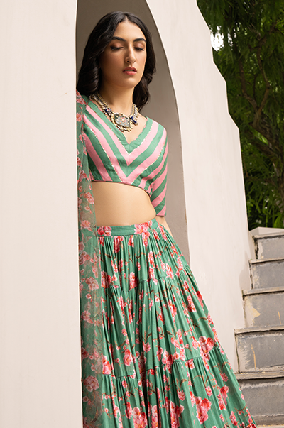 Falak Green Floral print Gathered Lehenga with stripe blouse and Dupatta- Set of 3