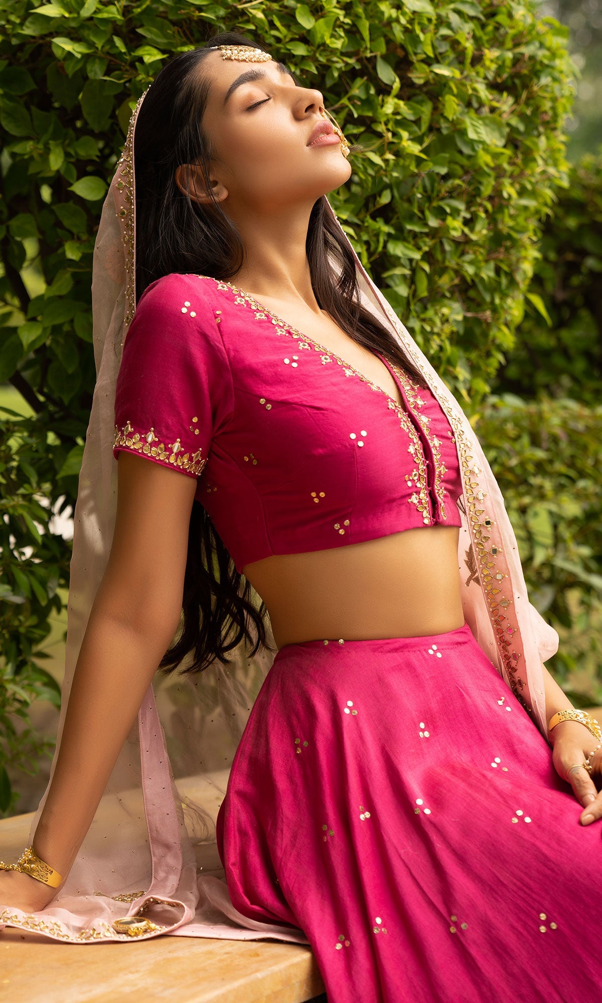 Jamaal Rani Pink Mukaish Chanderi Blouse with mukaish chanderi Lehenga and Organza Dupatta - Set of 3