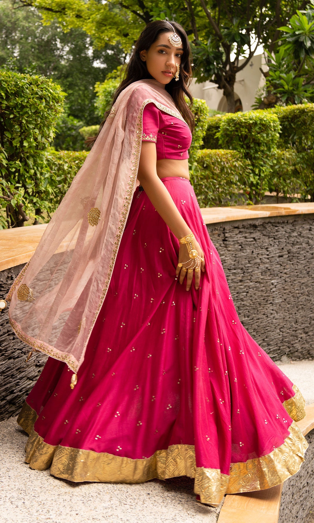 Jamaal Rani Pink Mukaish Chanderi Blouse with mukaish chanderi Lehenga and Organza Dupatta - Set of 3
