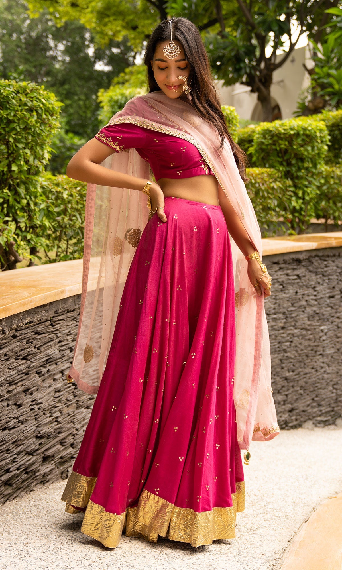 Jamaal Rani Pink Mukaish Chanderi Blouse with mukaish chanderi Lehenga and Organza Dupatta - Set of 3