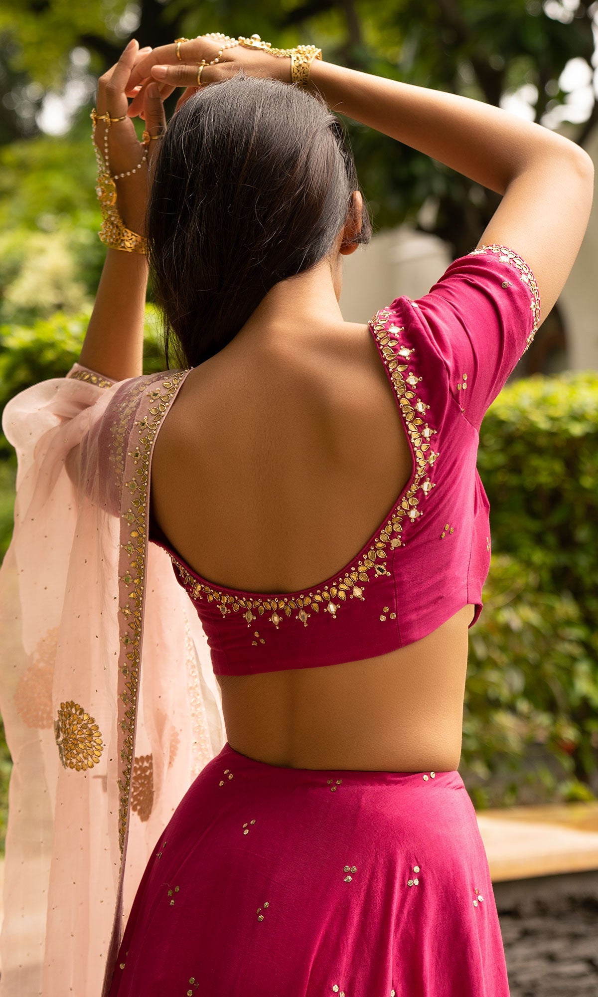Jamaal Rani Pink Mukaish Chanderi Blouse with mukaish chanderi Lehenga and Organza Dupatta - Set of 3