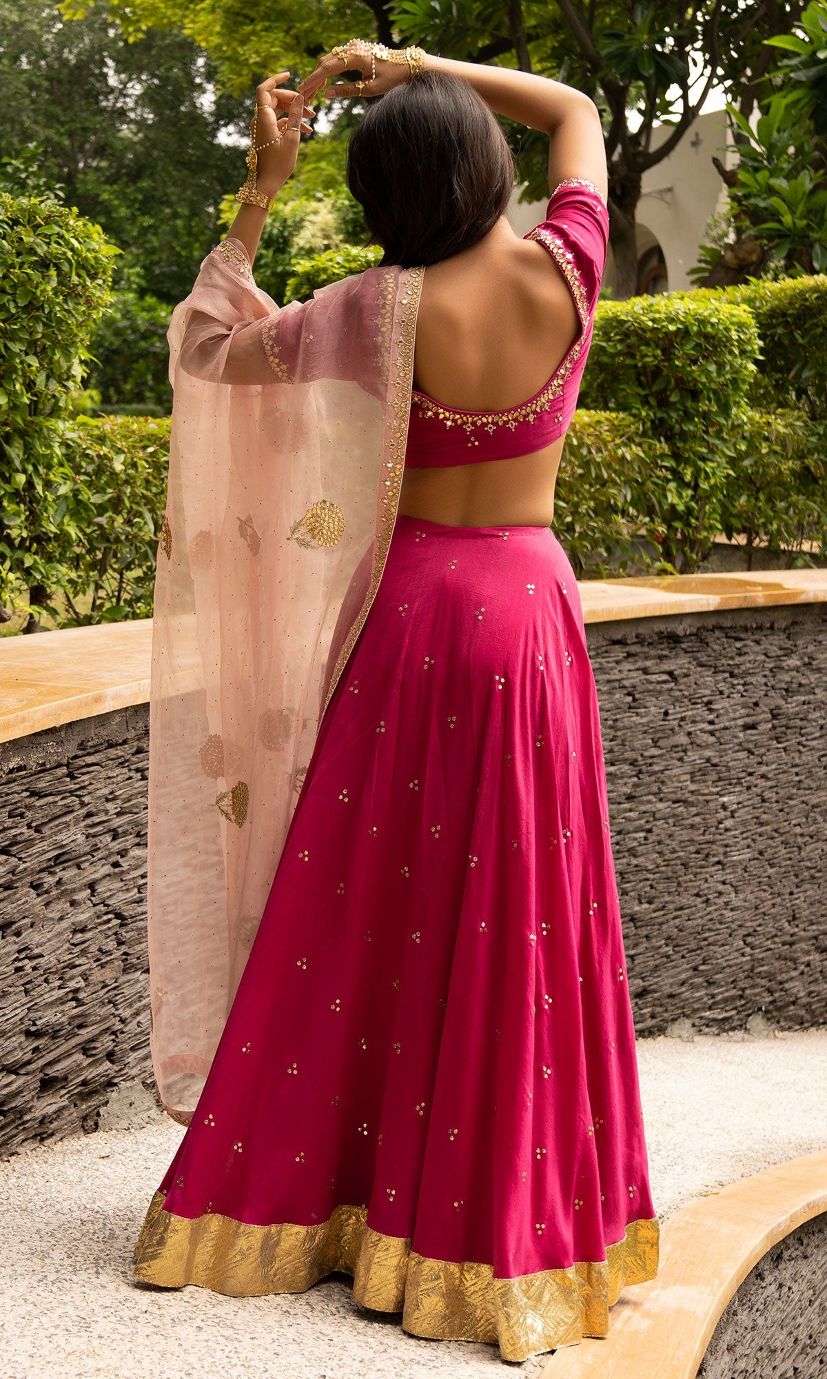 Jamaal Rani Pink Mukaish Chanderi Blouse with mukaish chanderi Lehenga and Organza Dupatta - Set of 3