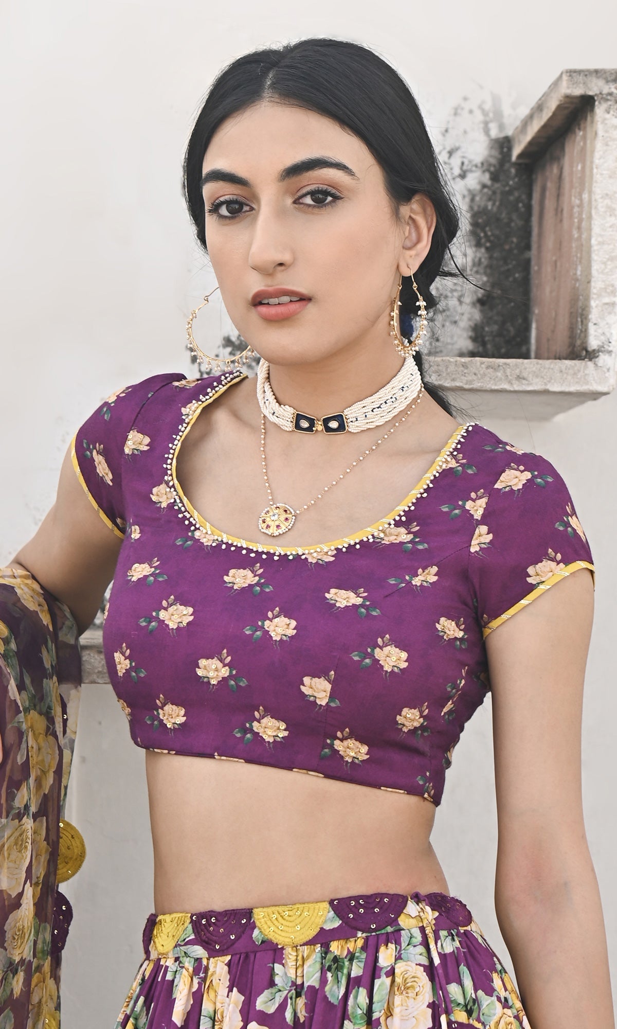 Falak Vol. 2 Purple Short Sleeve Blouse and Tiered Lehenga with Dupatta - Set of 3