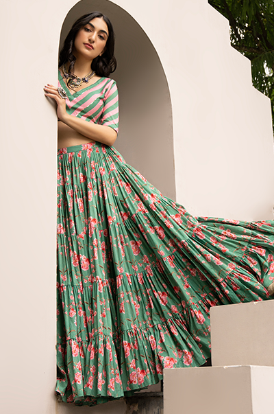 Falak Green Floral print Gathered Lehenga with stripe blouse and Dupatta- Set of 3