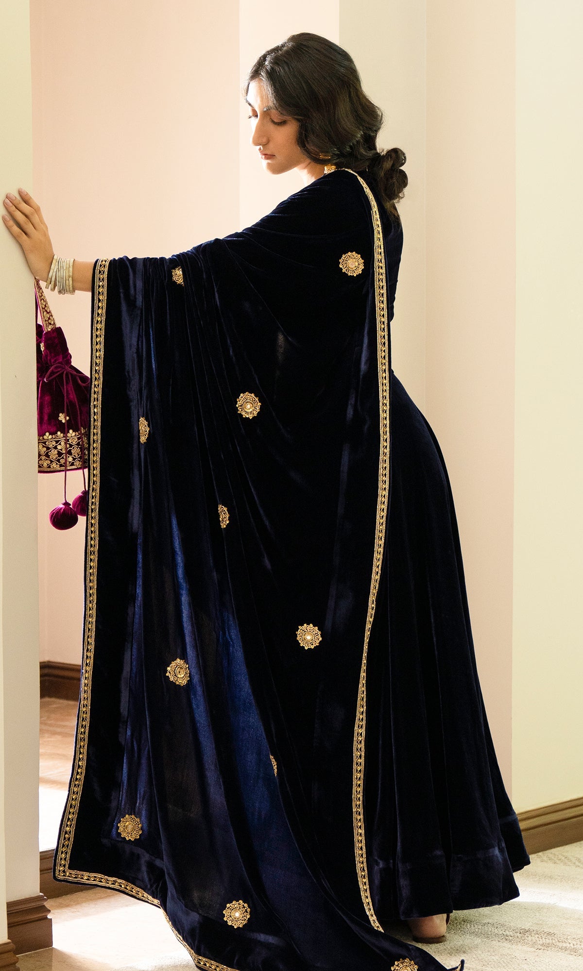 Bareen Embroidered - Royal Blue velvet Lehanga With Blouse - Set of 2