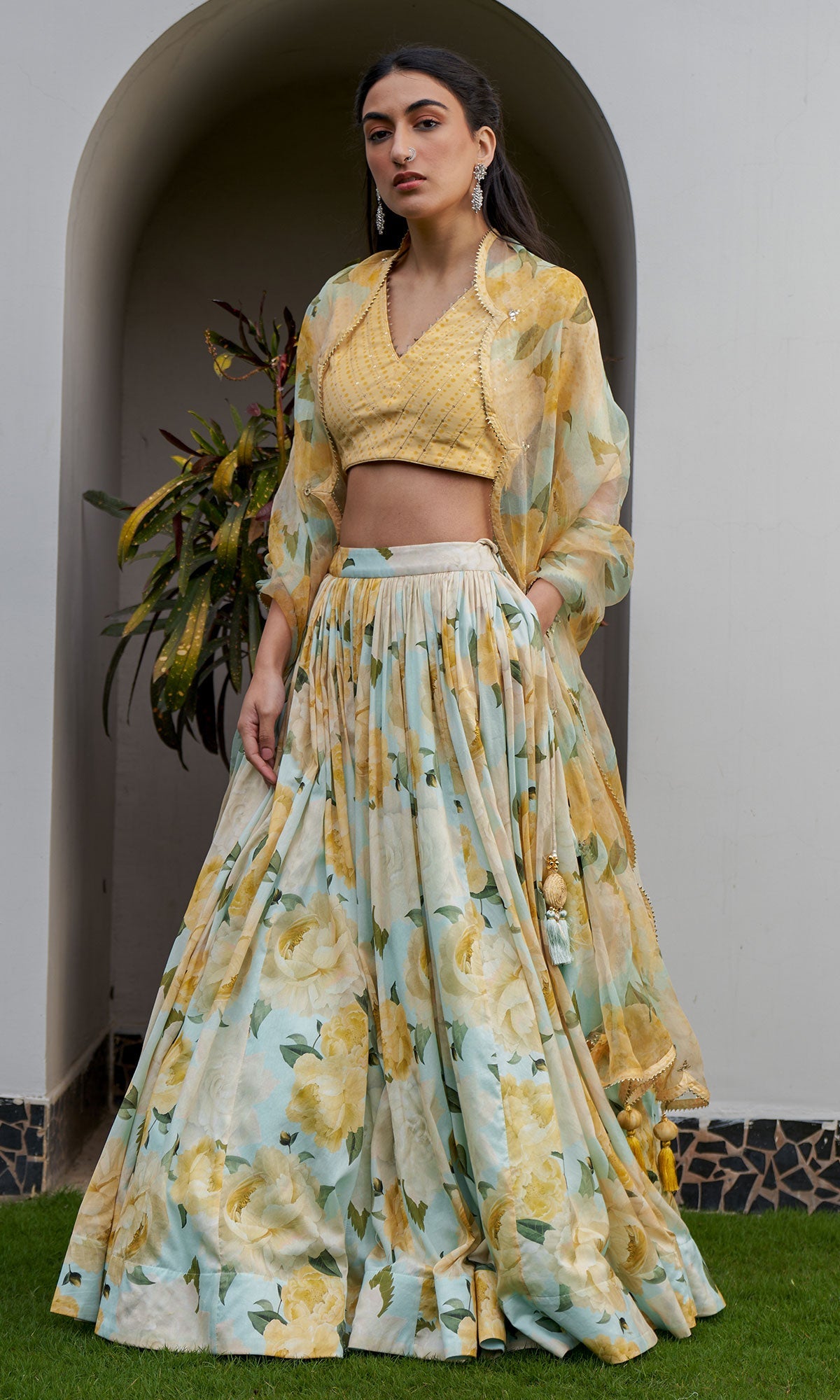 AZRA AQUA FLORAL PRINTED LEHENGA SET - SET OF 3