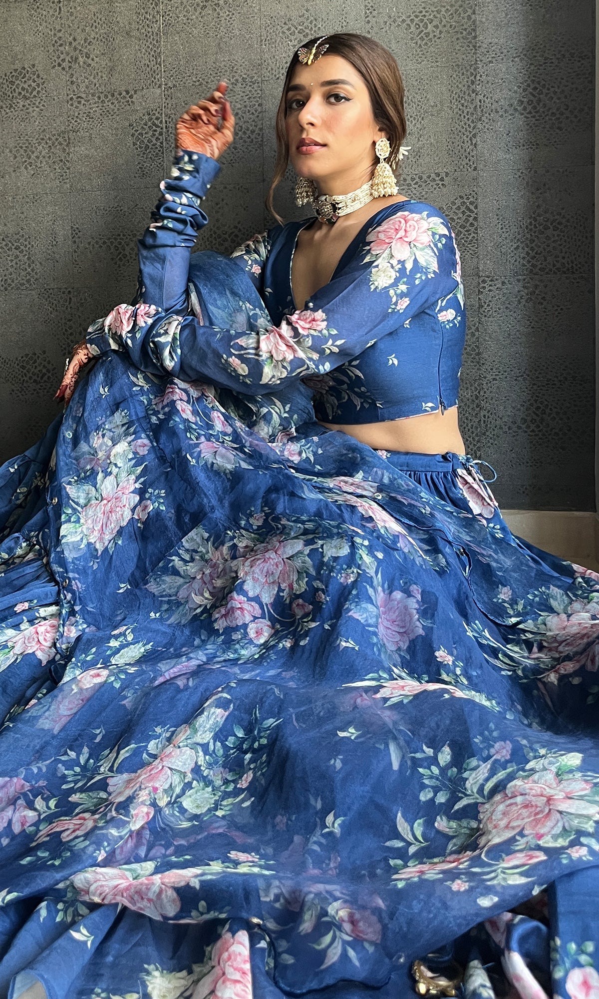Sukhmani Gambhir in Falak Blue Floral print Gathered Lehenga with floral blouse and Dupatta- Set of 3