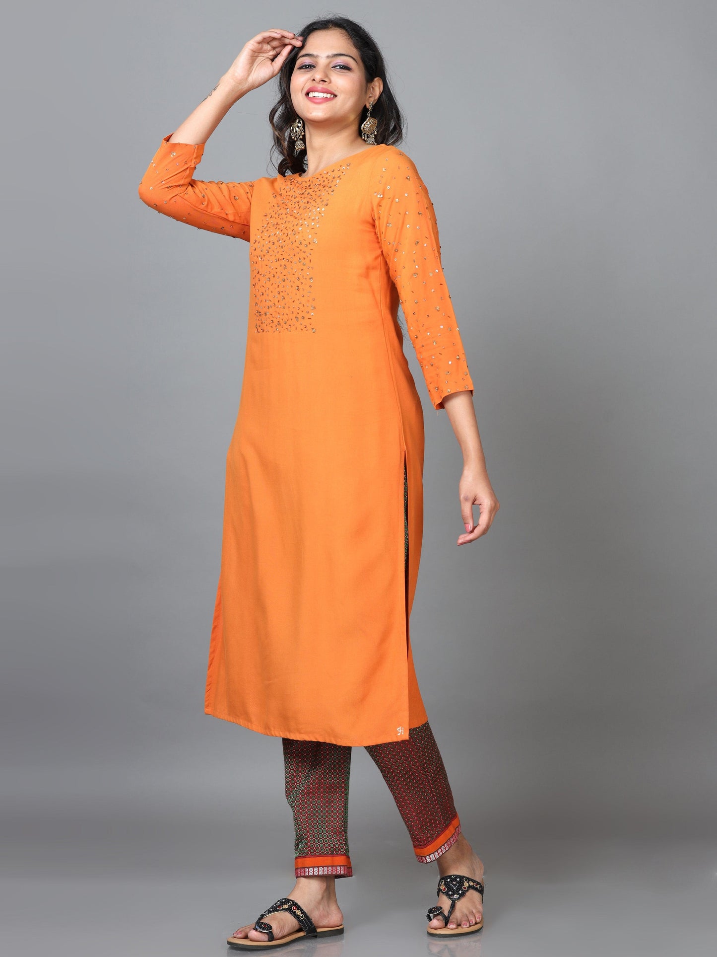 Orange 3/4 Sleeve Rayon Solid Straight calf-long Kurta Set