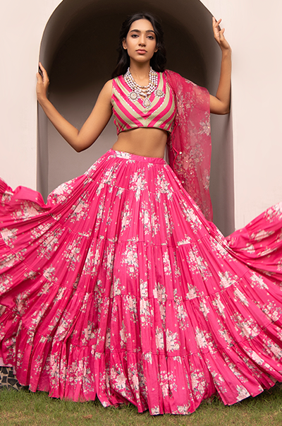 Amitha Sharma in Falak Rani Pink Floral print Gathered Lehenga with stripe blouse and Dupatta- Set of 3