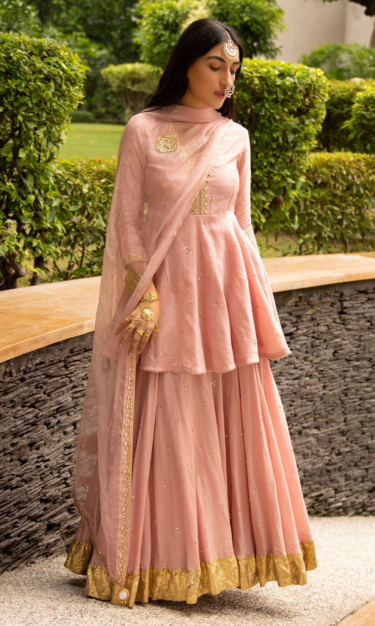 Jamaal Soft Pink Mukaish Chanderi Kurta with mukaish chanderi Lehenga and Organza Dupatta - Set of 3