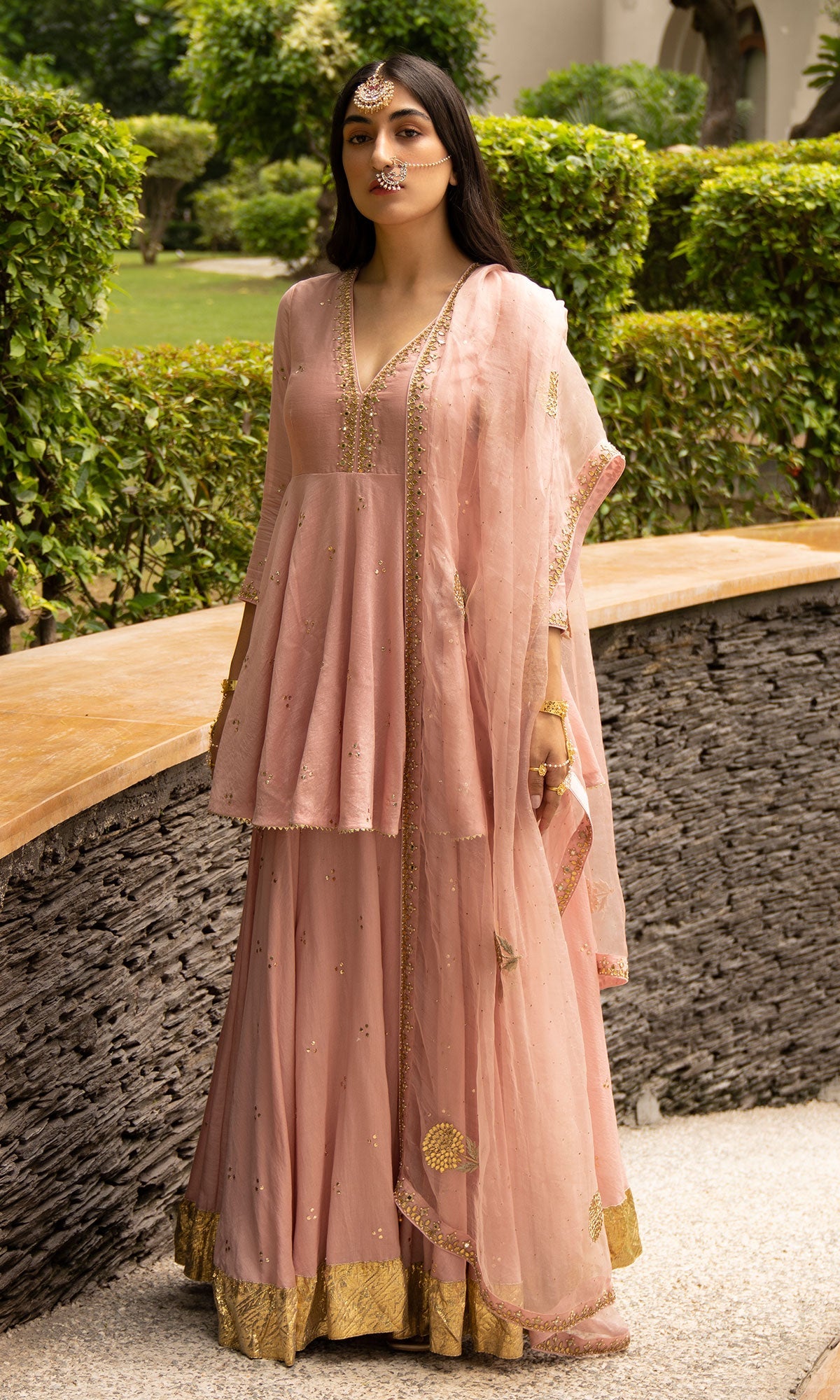 Jamaal Soft Pink Mukaish Chanderi Kurta with mukaish chanderi Lehenga and Organza Dupatta - Set of 3