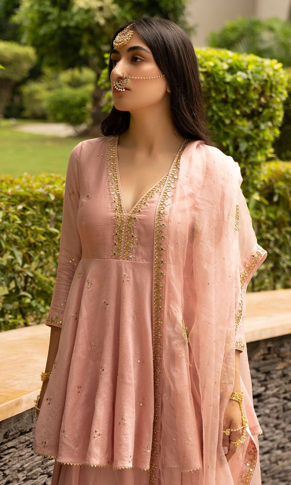 Jamaal Soft Pink Mukaish Chanderi Kurta with mukaish chanderi Lehenga and Organza Dupatta - Set of 3